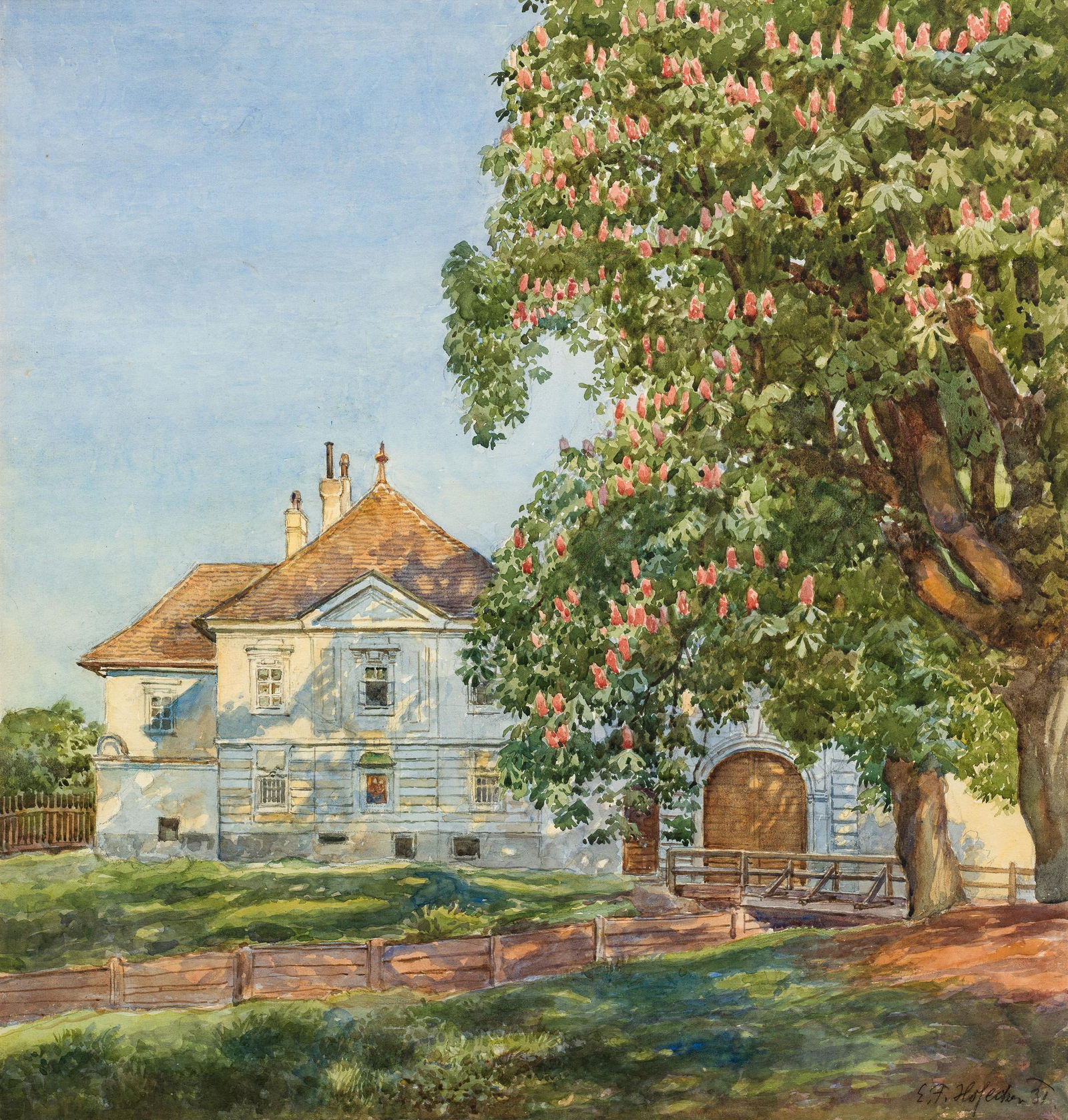 Eduard Ferdinand Hofecker: Villa mit Kastanie: Eduard Ferdinand Hofecker Villa mit Kastanie 1931 Aquarell auf Papier; gerahmt 52,5 x 50,5 cm Signiert und datiert rechts unten: E. F. Hofecker 31 österreichischer Privatbesitz Eduard
