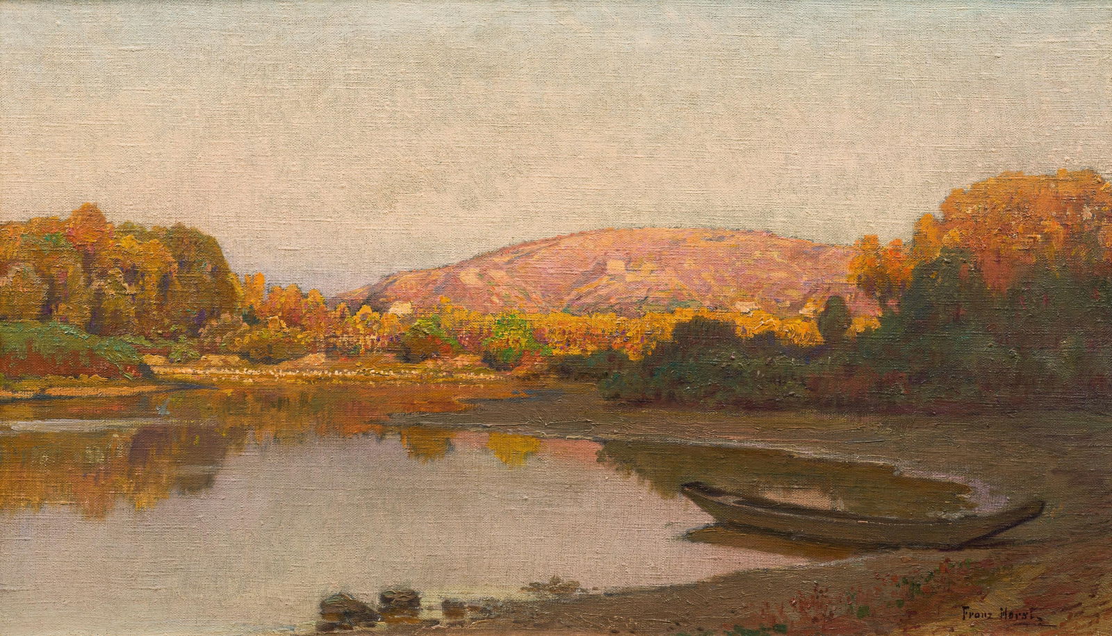 Franz Horst: Blick auf den Bisamberg von der Klosterneuburger Au: Franz Horst Blick auf den Bisamberg von der Klosterneuburger Au Öl auf Leinwand; gerahmt 37 x 63 cm Signiert rechts unten: Franz Horst Rückseitig auf Keilrahmen bezeichnet: Blick auf den Bis