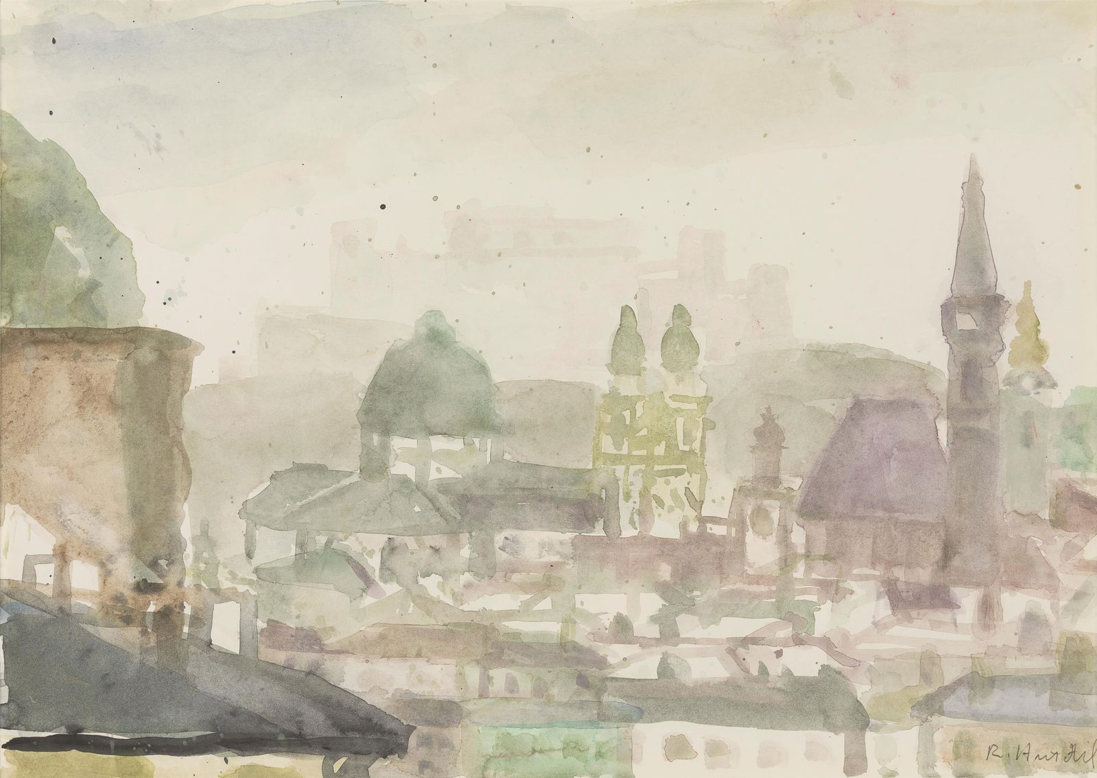 Rudolf Hradil: Salzburg: Rudolf Hradil Salzburg Aquarell auf Papier; gerahmt 34,5 x 48,5 cm (Passep.-Ausschnitt) Signiert rechts unten: R. Hradil Privatbesitz, Österreich Rudolf Hradil Salzburg watercolour on paper;