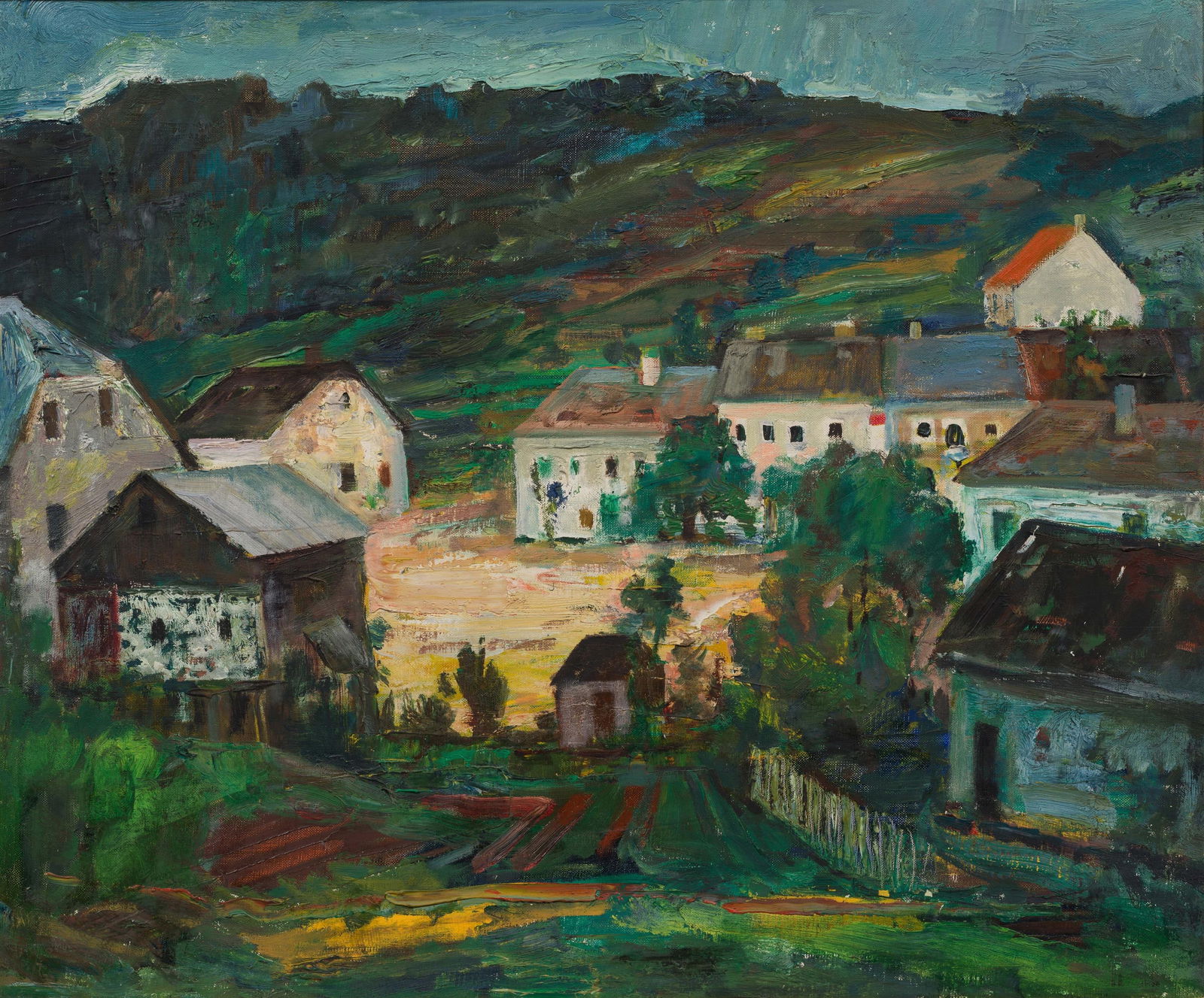 Ernst Huber: Niederösterreichisches Dorf: Ernst Huber Niederösterreichisches Dorf Öl auf Leinwand; gerahmt 50 x 60 cm Bezeichnet rückseitig auf altem Etikett am Keilrahmen: Niederöst. Dorf Dorotheum Wien, 20.01.87, Nr. 74;