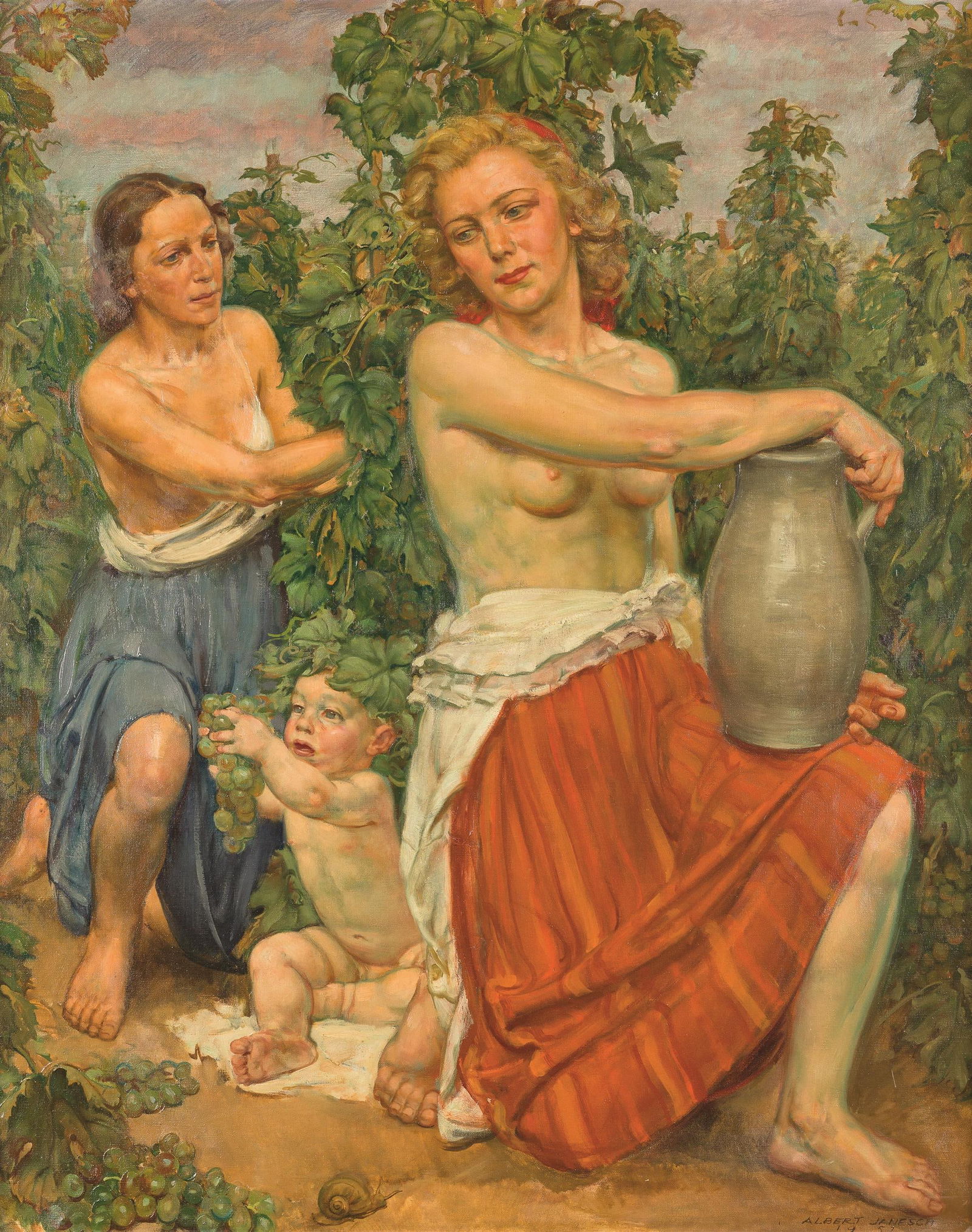 Albert Janesch: Weinlese: Albert Janesch Weinlese 1952 Öl auf Leinwand; gerahmt 118 x 95 cm Signiert und datiert rechts unten: Albert Janesch / 1952 Künstlerhaus-Etikett rückseitig auf Keilrahmen: 1954/0431