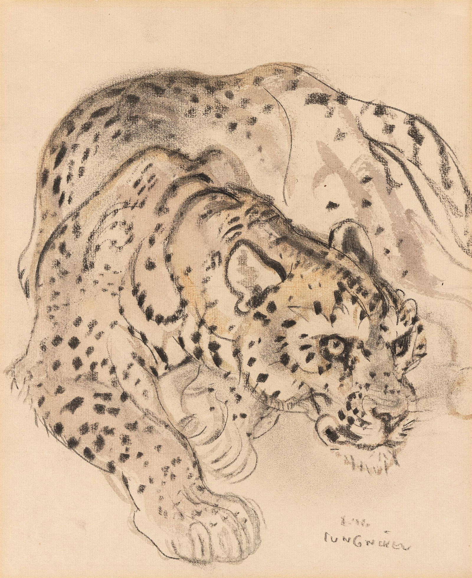 Ludwig Heinrich Jungnickel: Leopard: Ludwig Heinrich Jungnickel Leopard Mischtechnik auf Papier; gerahmt 31,3 x 23,5 cm Signiert rechts unten: L. H. / Jungnickel Privatsammlung, Österreich Ludwig Heinrich Jungnickel Leopard mixed me