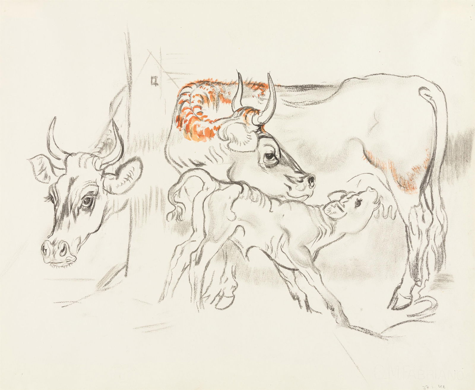 Ludwig Heinrich Jungnickel: Kühe mit Kalb: Ludwig Heinrich Jungnickel Kühe mit Kalb Mischtechnik auf Papier; gerahmt 42 x 50,5 cm Nachlass-Stempel rückseitig: Nachlaß / Prof. L. H. Jungnickel / 1965 aus dem Nachlass des