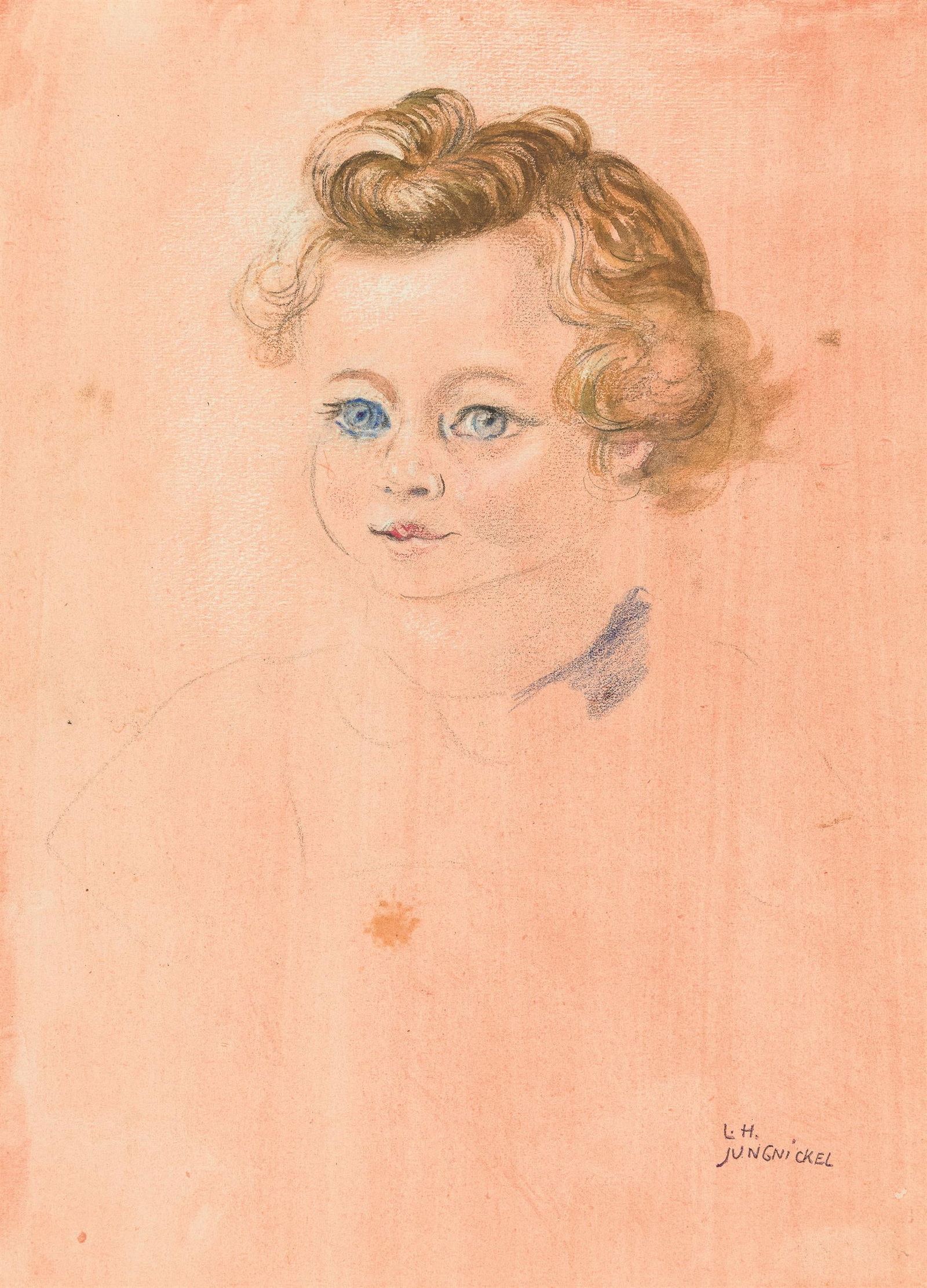 Ludwig Heinrich Jungnickel: Knabenbildnis: Ludwig Heinrich Jungnickel Knabenbildnis Mischtechnik auf Papier; gerahmt 33,2 x 24 cm Signaturstempel rechts unten (nachgezogen): L. H. / Jungnickel Privatsammlung, Österreich Ludwig Heinrich Ju