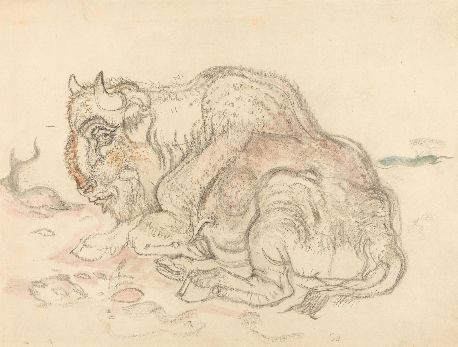 Ludwig Heinrich Jungnickel: Bison: Ludwig Heinrich Jungnickel Bison Mischtechnik auf Papier; gerahmt 41 x 53,5 cm Bezeichnet rechts unten: 53 Nachlass-Stempel rückseitig: Nachlaß / Prof. L. H. Jungnickel / 1965 aus dem Nachla