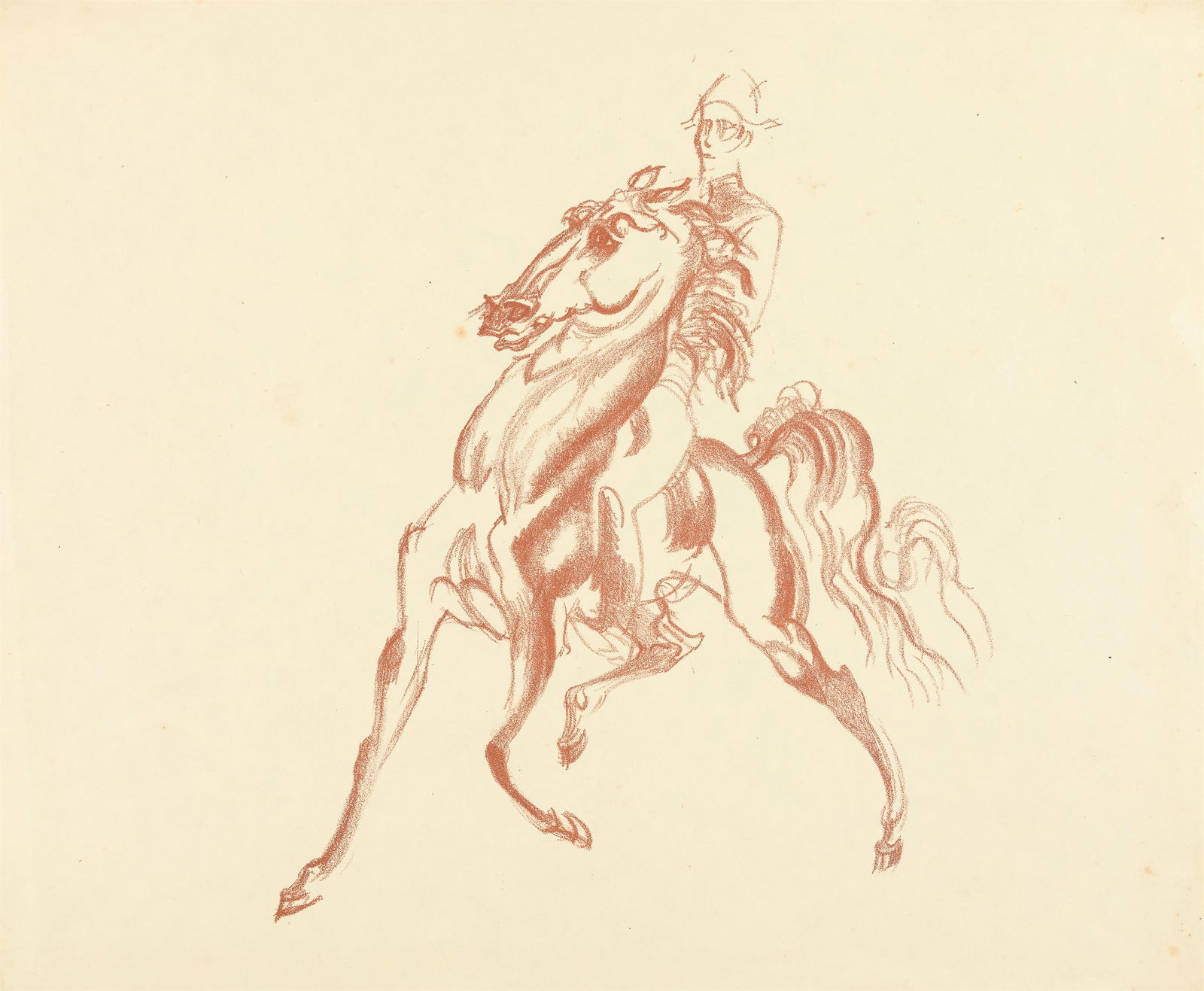 Ludwig Heinrich Jungnickel: Passage mit Reiter nach links: Ludwig Heinrich Jungnickel Passage mit Reiter nach links 1922 Lithografie in Rotbraun auf Papier; gerahmt 37,5 x 45,5 cm Nachlass-Stempel rückseitig: Nachlaß / Prof. L. H. Jungnickel / 1965