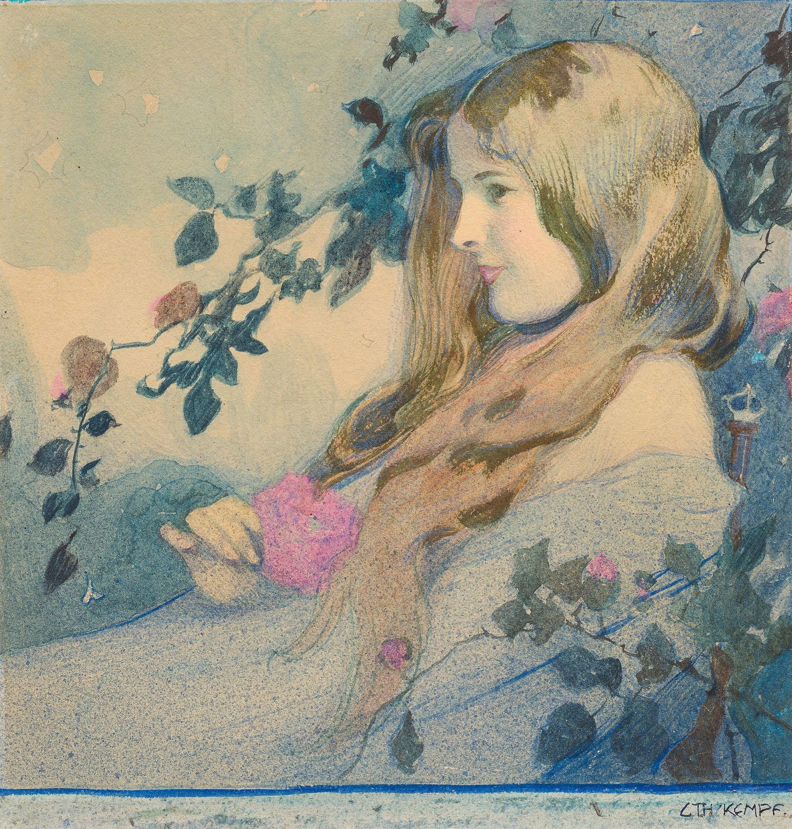 Gottlieb Theodor von Kempf-Hartenkampf: Mädchen mit Rosen: Gottlieb Theodor von Kempf-Hartenkampf Mädchen mit Rosen Mischtechnik auf Papier; gerahmt 14 x 13 cm (Passep.-Ausschnitt) Signiert rechts unten: GTH Kempf. österreichischer Privatbesitz 