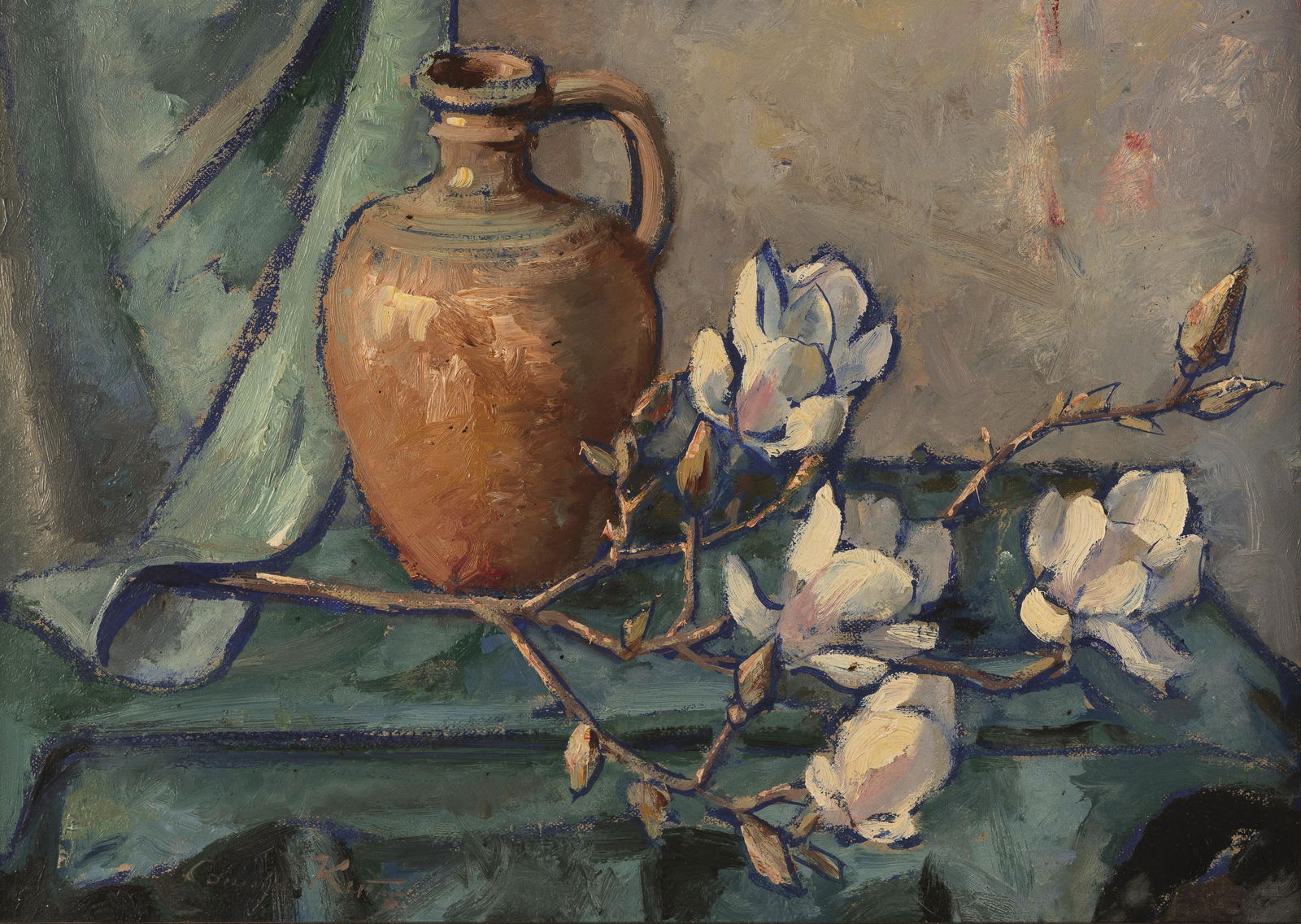 Camillo Kurtz: Stilleben mit Magnolie: Camillo Kurtz Stilleben mit Magnolie Öl auf Hartfaserplatte; gerahmt 50 x 70 cm Signiert links unten: Camillo Kurtz Privatbesitz, Steiermark Camillo Kurtz Still life with magnolia oil on