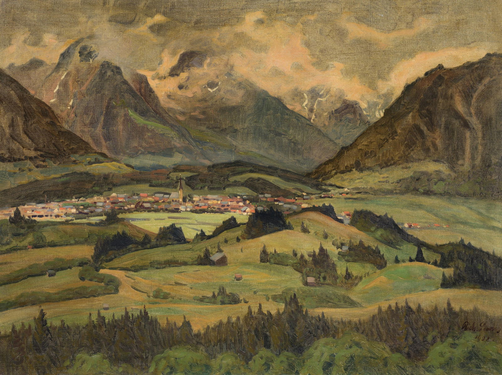 Richard Lang: Blick auf Matrei: Richard Lang Blick auf Matrei 1922 Öl auf Leinwand; gerahmt 76 x 101 cm Signiert und datiert rechts unten: Rich Lang / 1922 österreichischer Privatbesitz Richard Lang View of Matrei