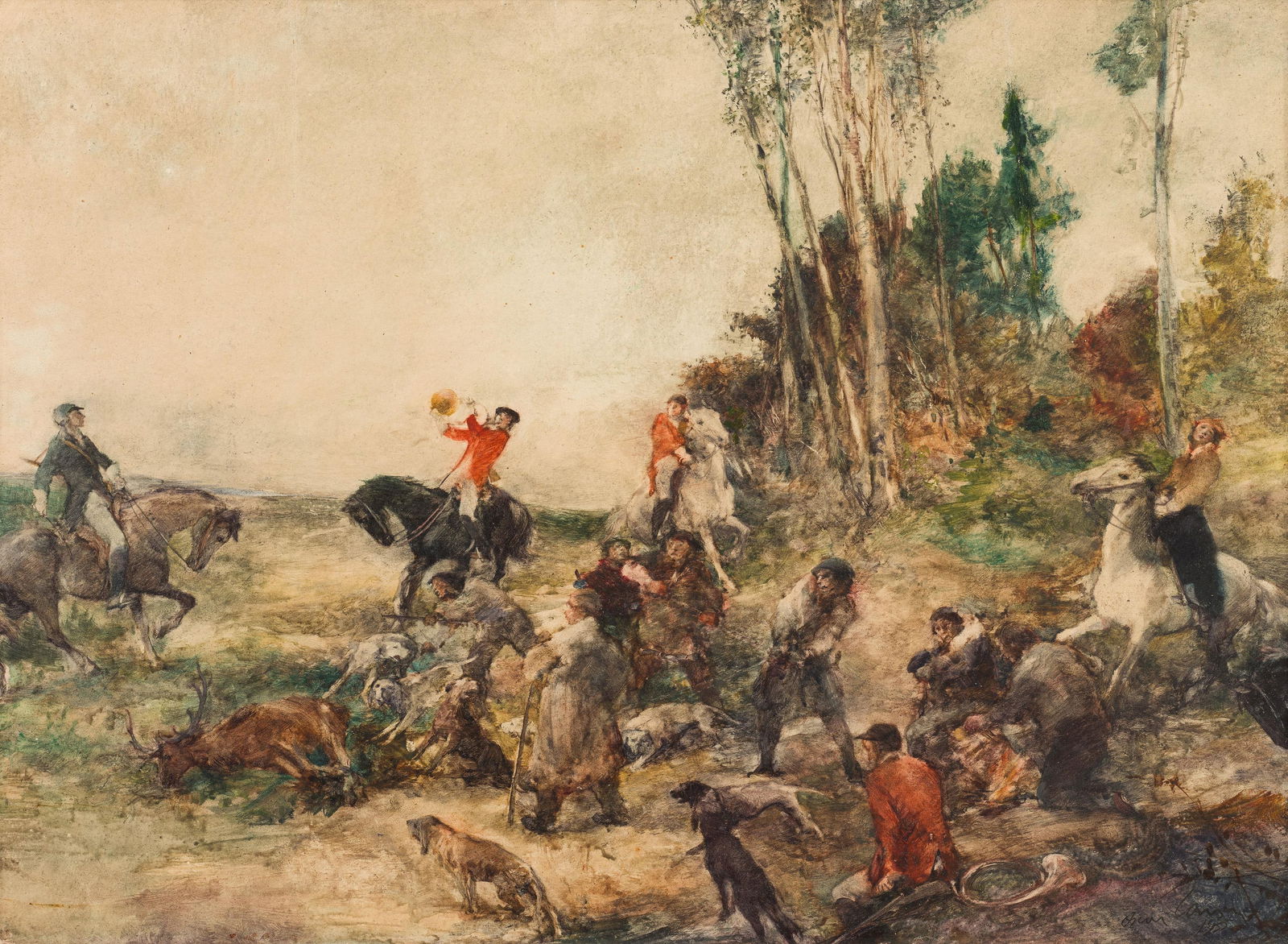 Oskar Larsen: Jagdszene: Oskar Larsen Jagdszene 1935 Mischtechnik auf Papier; gerahmt 35,5 x 48,5 cm (Rahmenausschnitt) Signiert und datiert rechts unten: Oskar Larsen / 1935 österreichischer Privatbesitz Oskar