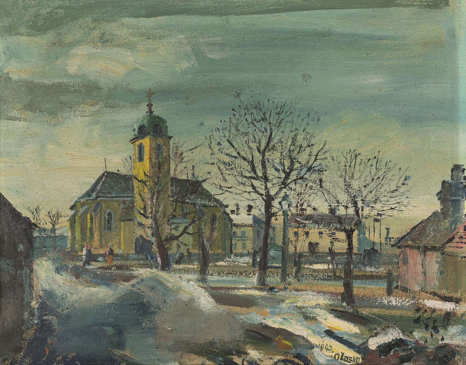 Oskar Laske: Pfarrkirche in Wien: Oskar Laske Pfarrkirche in Wien 1943 Öl auf Leinwand; gerahmt 34,5 x 42 cm Datiert und signiert rechts unten: 1943 / O. Laske Privatbesitz, Österreich Oskar Laske Parish church in