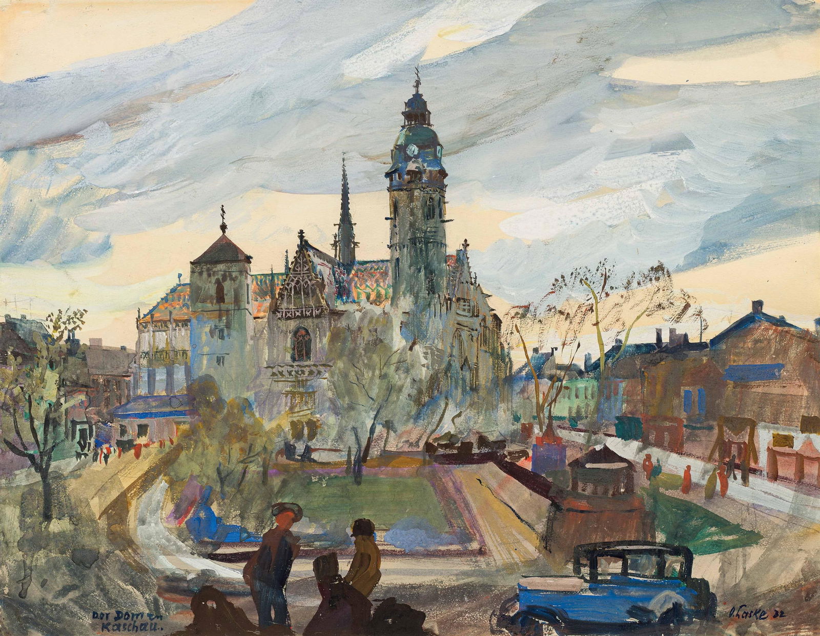 Oskar Laske: Der Dom zu Kaschau: Oskar Laske Der Dom zu Kaschau 1932 Mischtechnik auf Papier; gerahmt 39 x 50,5 cm (Passep.-Ausschnitt) Signiert und datiert rechts unten: O. Laske 32 Bezeichnet links unten: Der Dom zu / Kaschau.