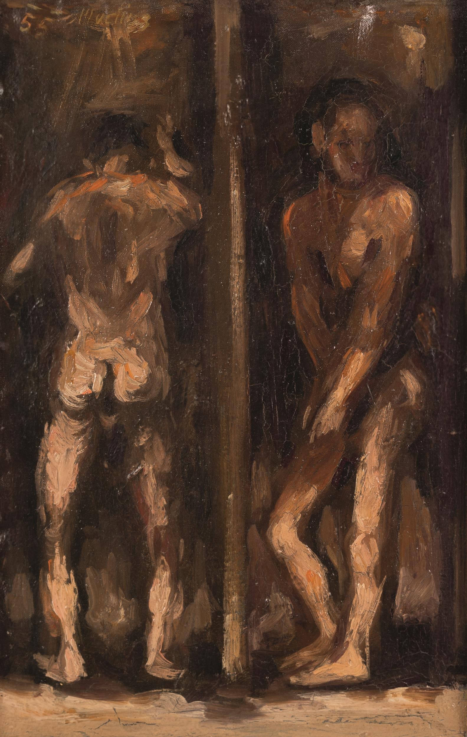 Fritz Martinz: o.T.: Fritz Martinz o.T. 1955 Öl auf Leinwand; gerahmt 39 x 25,5 cm Datiert und signiert links oben: 55 / Martinz Rückseitig auf Keilrahmen bezeichnet: 1955 "Männerbad" österreichische P