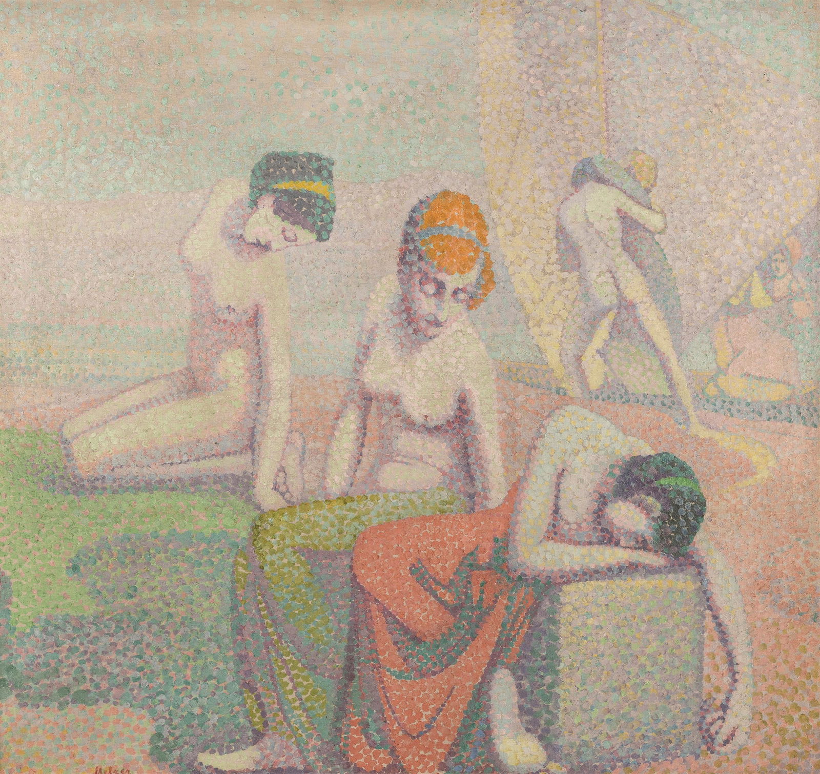 Moritz Melzer: Badende auf der roten Insel: Moritz Melzer Badende auf der roten Insel 1906 Öl auf Leinwand; gerahmt 98,5 x 105 cm Signiert links unten: Melzer Privatsammlung, Rheinland; Auktionshaus Ketterer, 26.10.2007, Nr. 76; Galerie