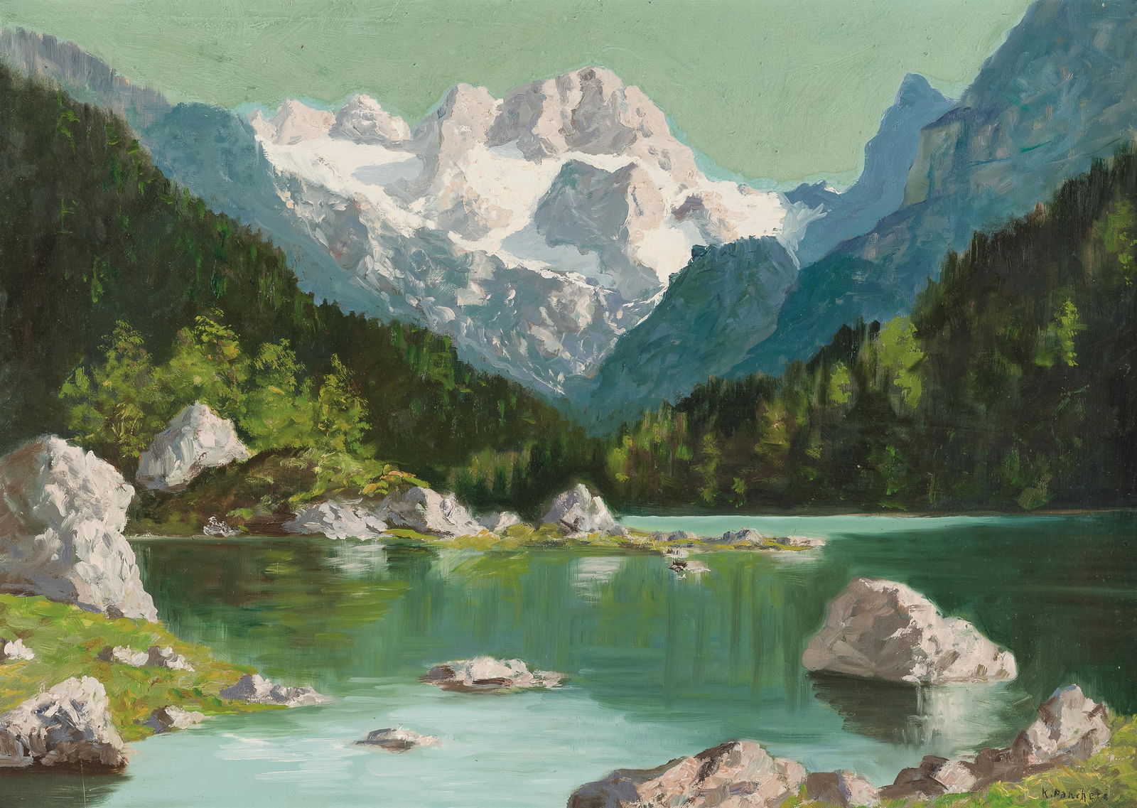 Karl Pancheri: Seelandschaft vor einem Gebirgszug: Karl Pancheri Seelandschaft vor einem Gebirgszug Öl auf Hartfaserplatte; gerahmt 47 x 65 cm Signiert rechts unten: K. Pancheri Privatbesitz, Wien Karl Pancheri Seascape in front of a