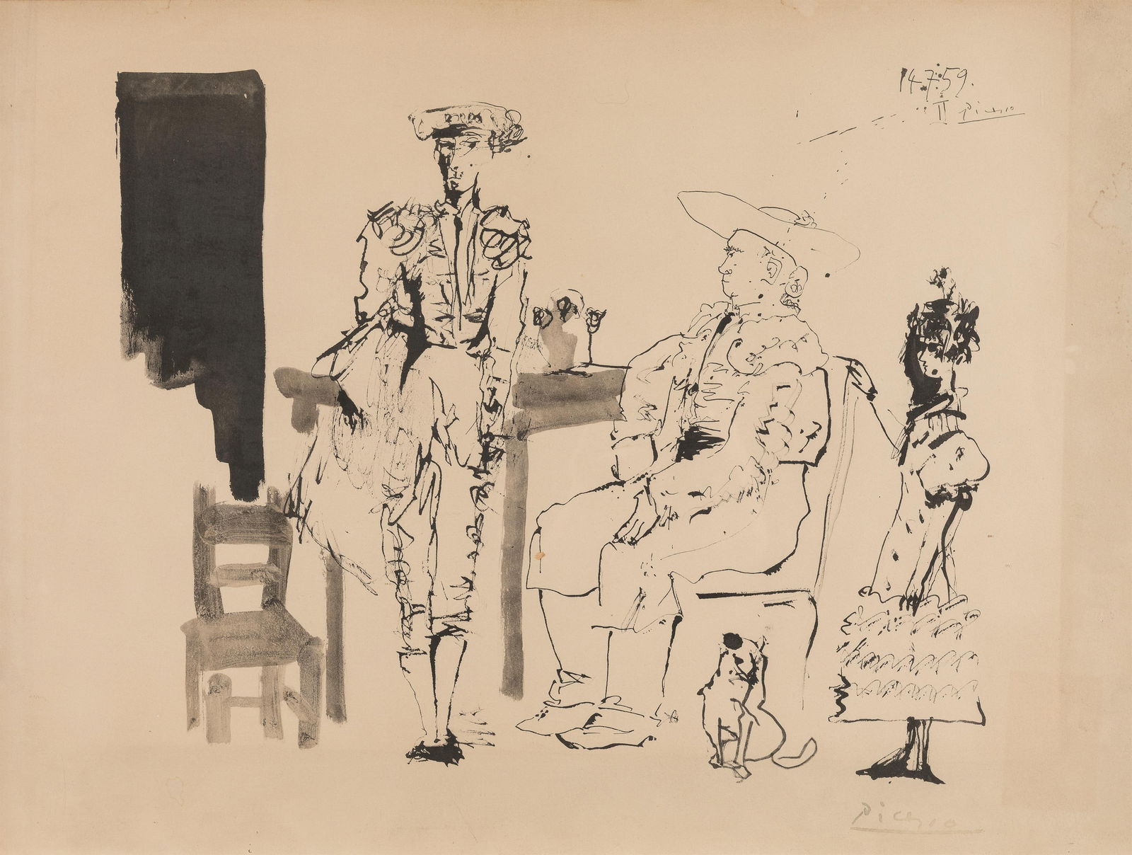 nach Pablo Picasso: Deux picardors et femme: nach Pablo Picasso Deux picardors et femme 1959/1975 Lithografie auf Papier; gerahmt 48 x 63 cm (Blattmaß), 39 x 50 cm (Darstellung) Verblasster Künstler-Stempel rechts unten: Picasso