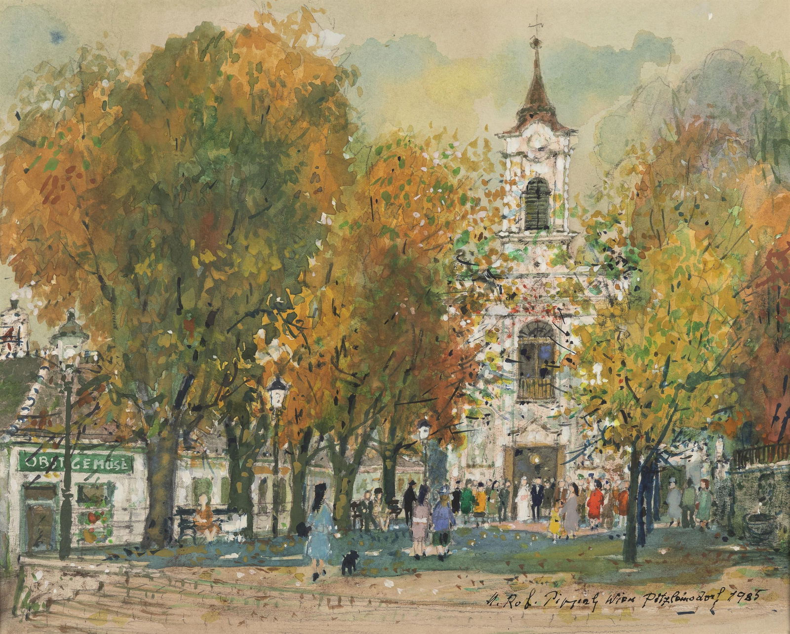 Hans Robert Pippal: Hochzeit in Pötzleinsdorf: Hans Robert Pippal Hochzeit in Pötzleinsdorf 1985 Mischtechnik auf Papier; gerahmt 32,5 x 40,5 cm (Passep.-Ausschnitt) Signiert, bezeichnet und datiert rechts unten: H. Rob. Pippal Wien Pötz