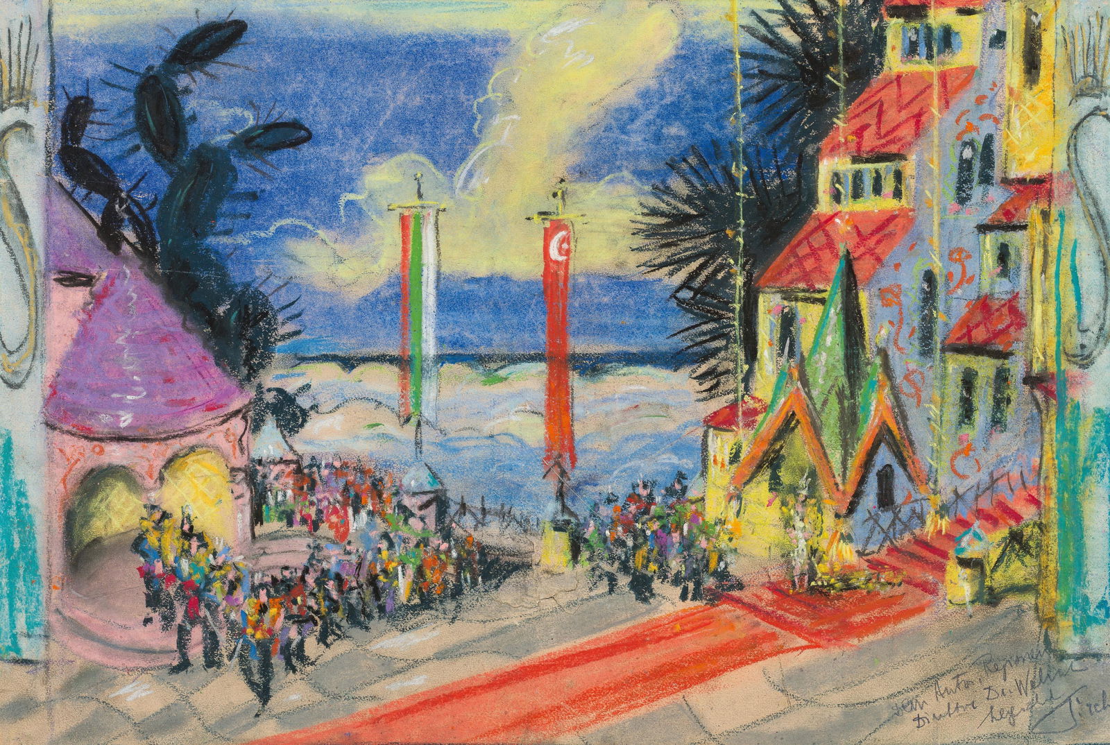 Emil Pirchan: Die Entführung aus dem Serail (Bühnenbildentwurf): Emil Pirchan Die Entführung aus dem Serail (Bühnenbildentwurf) Kreide auf Papier; gerahmt 43 x 63 cm Gewidmet rechts unten: Dem Autor, Regisseur / und Direktor Dr. We[?] / herzlichst