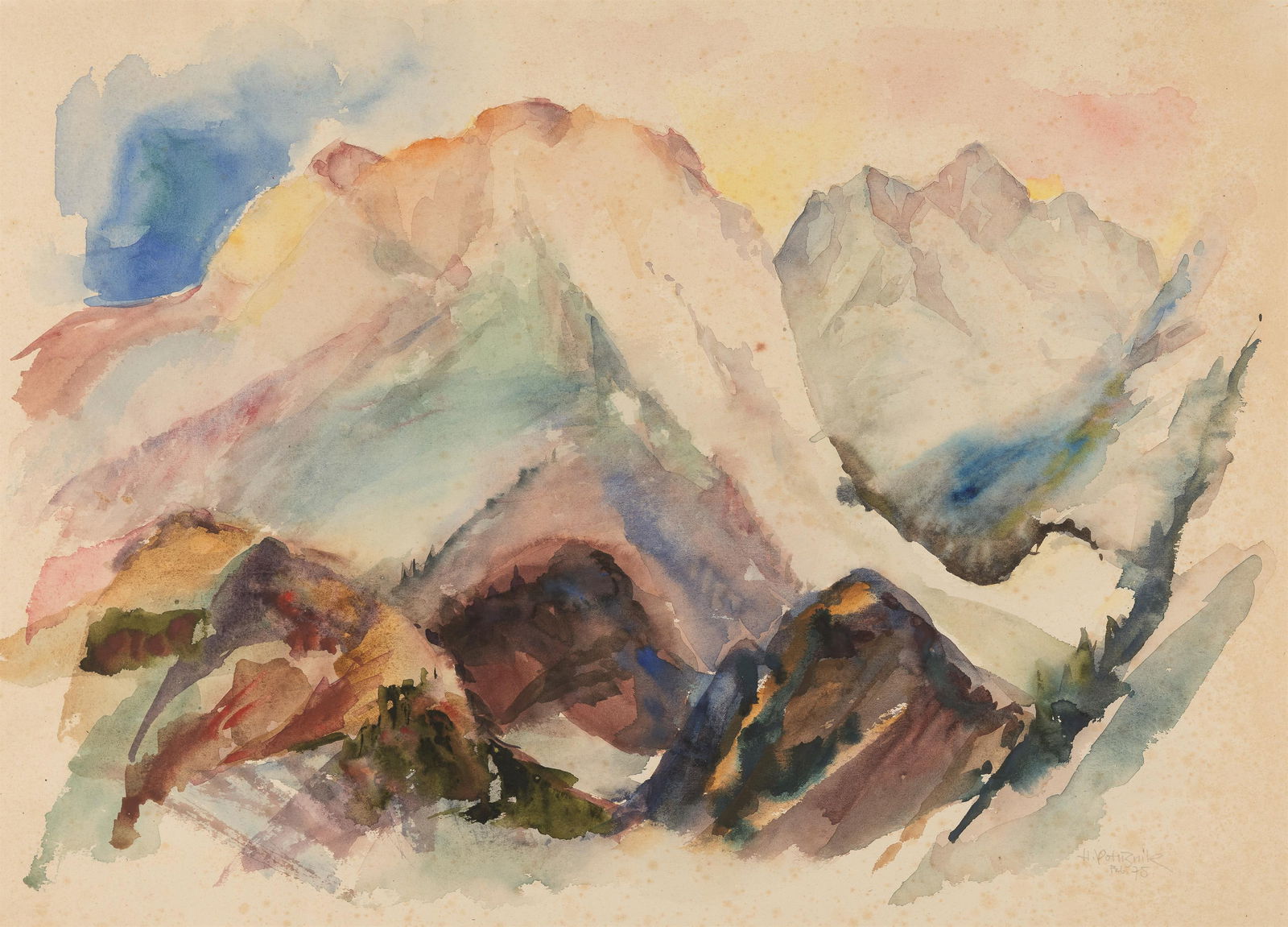 Heribert Potuznik: Berglandschaft: Heribert Potuznik Berglandschaft 1975 Aquarell auf Papier; gerahmt 50 x 69 cm (Passep.-Ausschnitt) Signiert und datiert rechts unten: H. Potuznik / Feb 75 Privatbesitz, Wien Heribert Potuznik Mountain