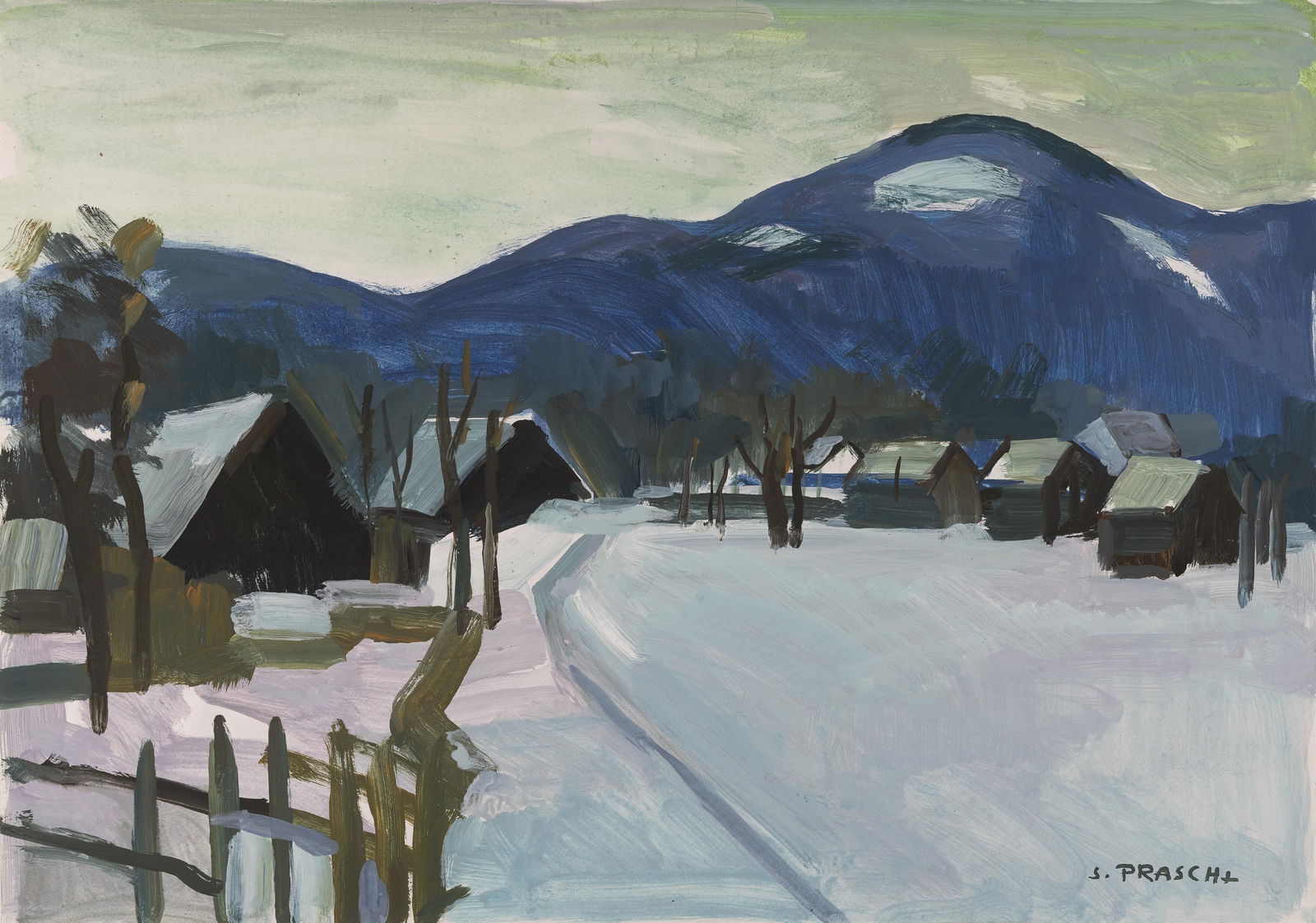 Stefan Praschl: Winterlandschaft: Stefan Praschl Winterlandschaft Tempera auf Papier; ungerahmt 44 x 62,3 cm Signiert rechts unten: S. Praschl Privatbesitz, Wien Stefan Praschl Winter landscape tempera on paper; unframed 44 x 62.3 cm