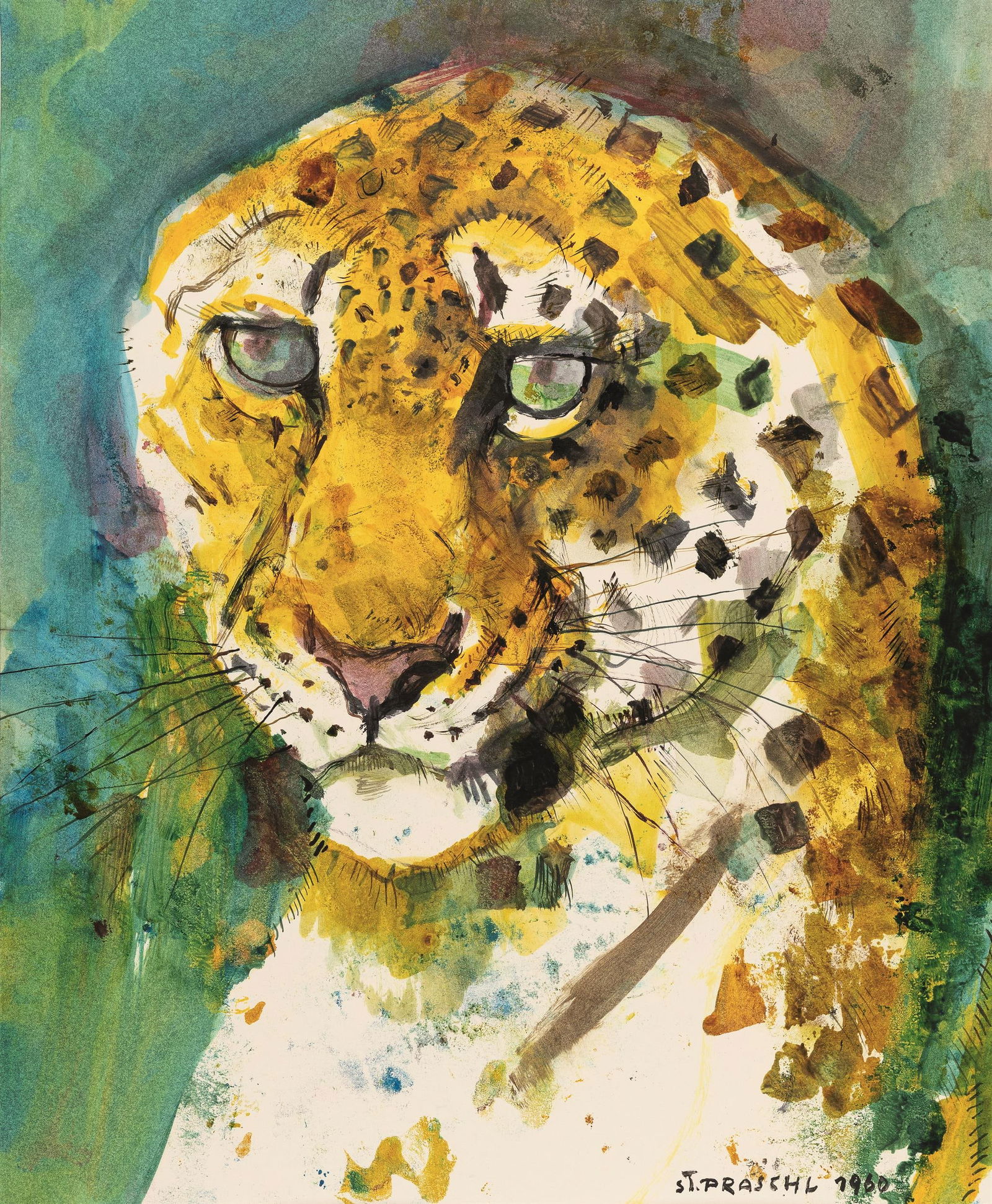 Stefan Praschl: Leopard: Stefan Praschl Leopard 1960 Farbmonotypie auf Papier; ungerahmt 47,7 x 39 cm Signiert und datiert rechts unten: St. Praschl 1960 Rückseitig auf Passepartout bezeichnet: Praschl Stephan Wien 14.,