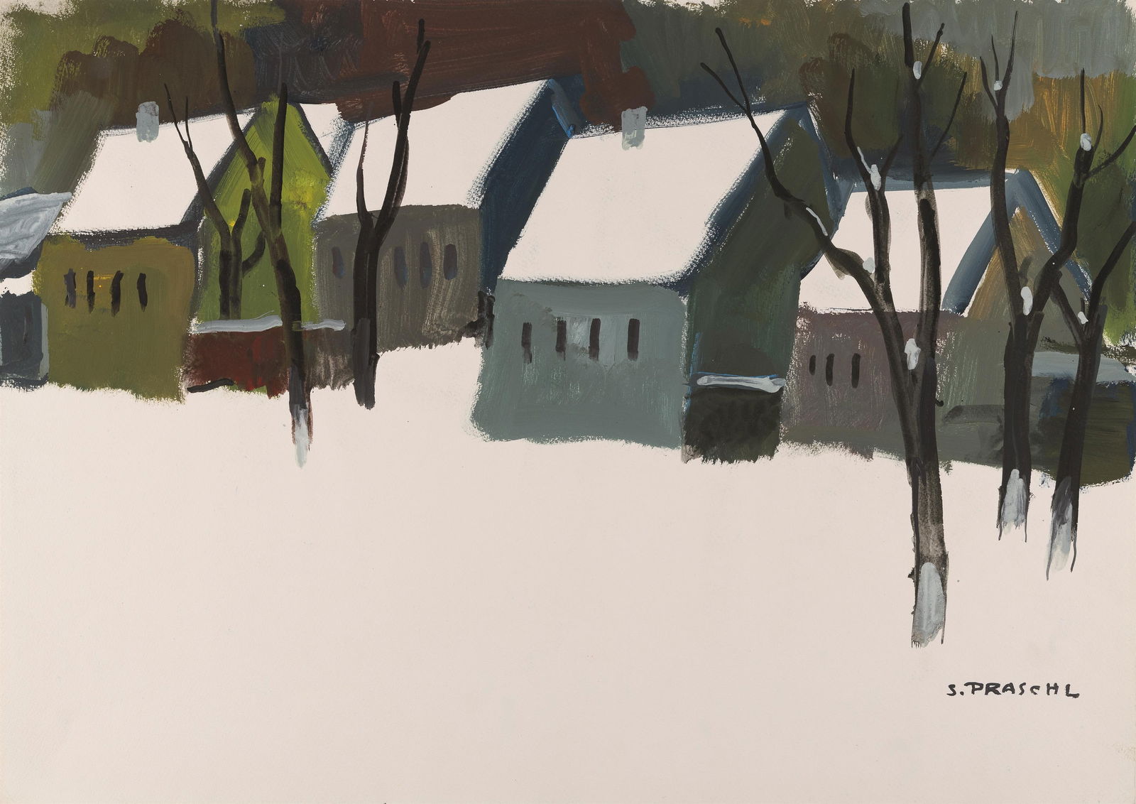 Stefan Praschl: Häuser im Winter: Stefan Praschl Häuser im Winter Tempera auf Papier; ungerahmt 44 x 62,4 cm Signiert rechts unten: S. Praschl Privatbesitz, Wien Stefan Praschl Houses in winter tempera on paper; unframed 44