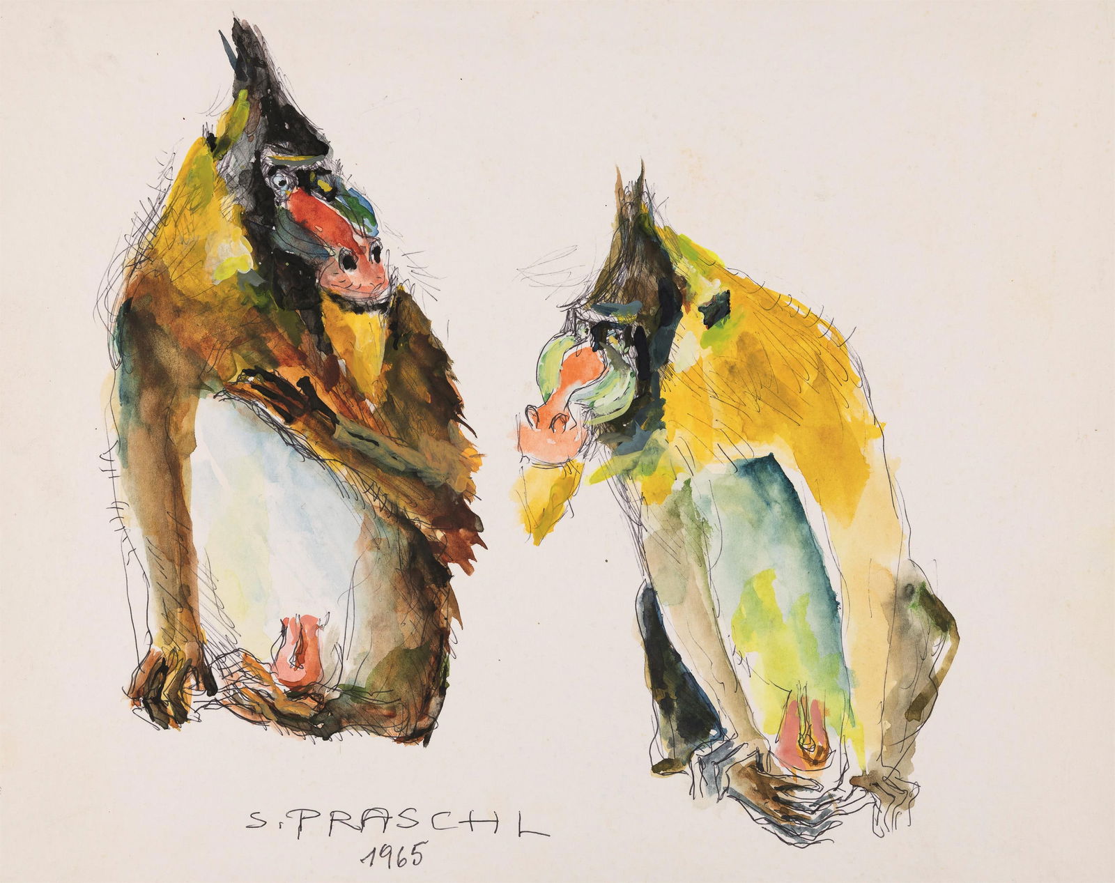 Stefan Praschl: Zwei Paviane: Stefan Praschl Zwei Paviane 1965 Mischtechnik auf Papier auf Karton kaschiert; ungerahmt 27,8 x 34,8 cm Signiert und datiert unten: S. Praschl / 1965 Privatbesitz, Wien Stefan Praschl Two baboons