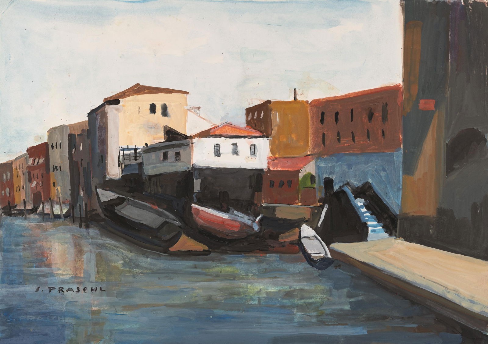 Stefan Praschl: Seitenkanal in Venedig: Stefan Praschl Seitenkanal in Venedig Tempera auf Papier; ungerahmt 44 x 62 cm Signiert links unten: S. Praschl Privatbesitz, Wien Stefan Praschl Side canal in Venice tempera on paper; unframed