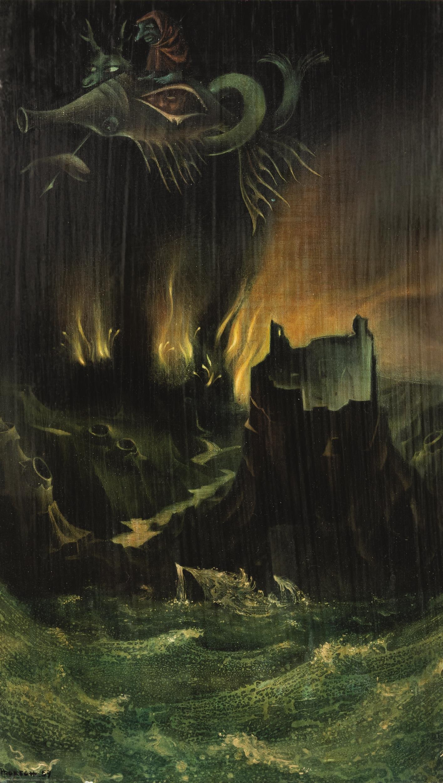 Peter Proksch: Traumlandschaft: Peter Proksch Traumlandschaft 1959 Öl auf Holzfaserplatte; gerahmt 24,5 x 14 cm (Passep.-Ausschnitt) Signiert und datiert links unten: Proksch 59 Rückseitig auf Etikett bezeichnet: Traumland