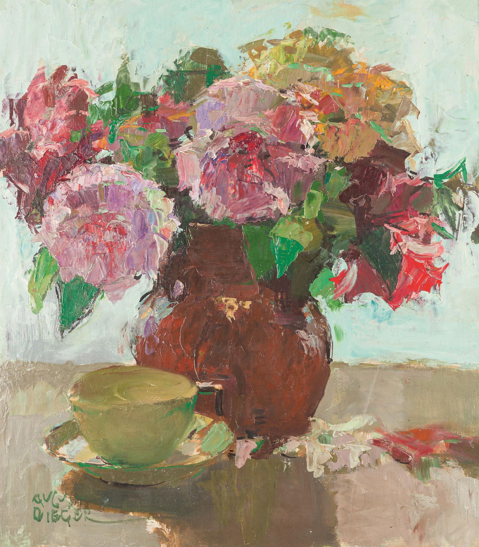 August Rieger: Blumen in Vase: August Rieger Blumen in Vase Öl auf Karton; gerahmt 47 x 42 cm Signiert links unten: August / Rieger Rückseitig weiteres Blumenstillleben Privatsammlung, Österreich August Rieger Flower
