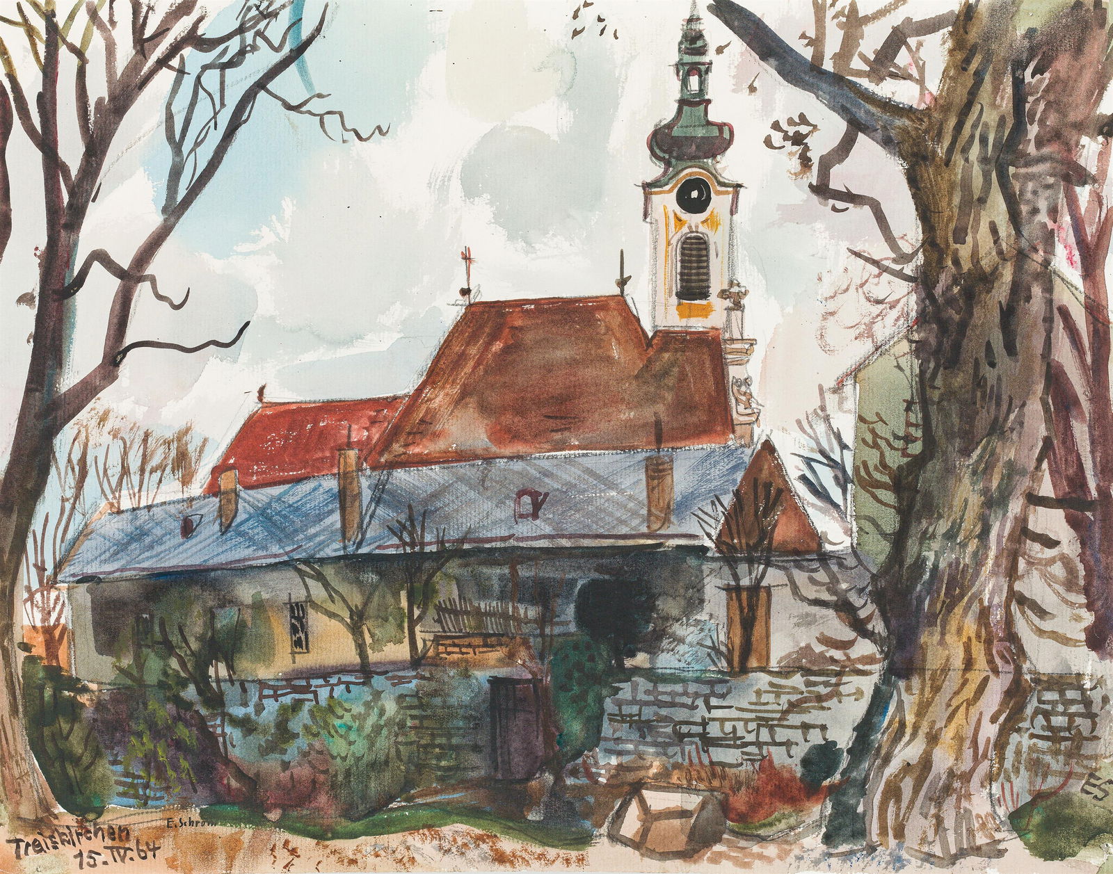 Ernst Schrom: Traiskirchen: Ernst Schrom Traiskirchen 1964 Aquarell, Gouache auf Papier; ungerahmt 30 x 38 cm (Passep.-Ausschnitt) Signiert links unten: E. Schrom Bezeichnet und datiert links unten: Traiskirchen / 15.IV.64