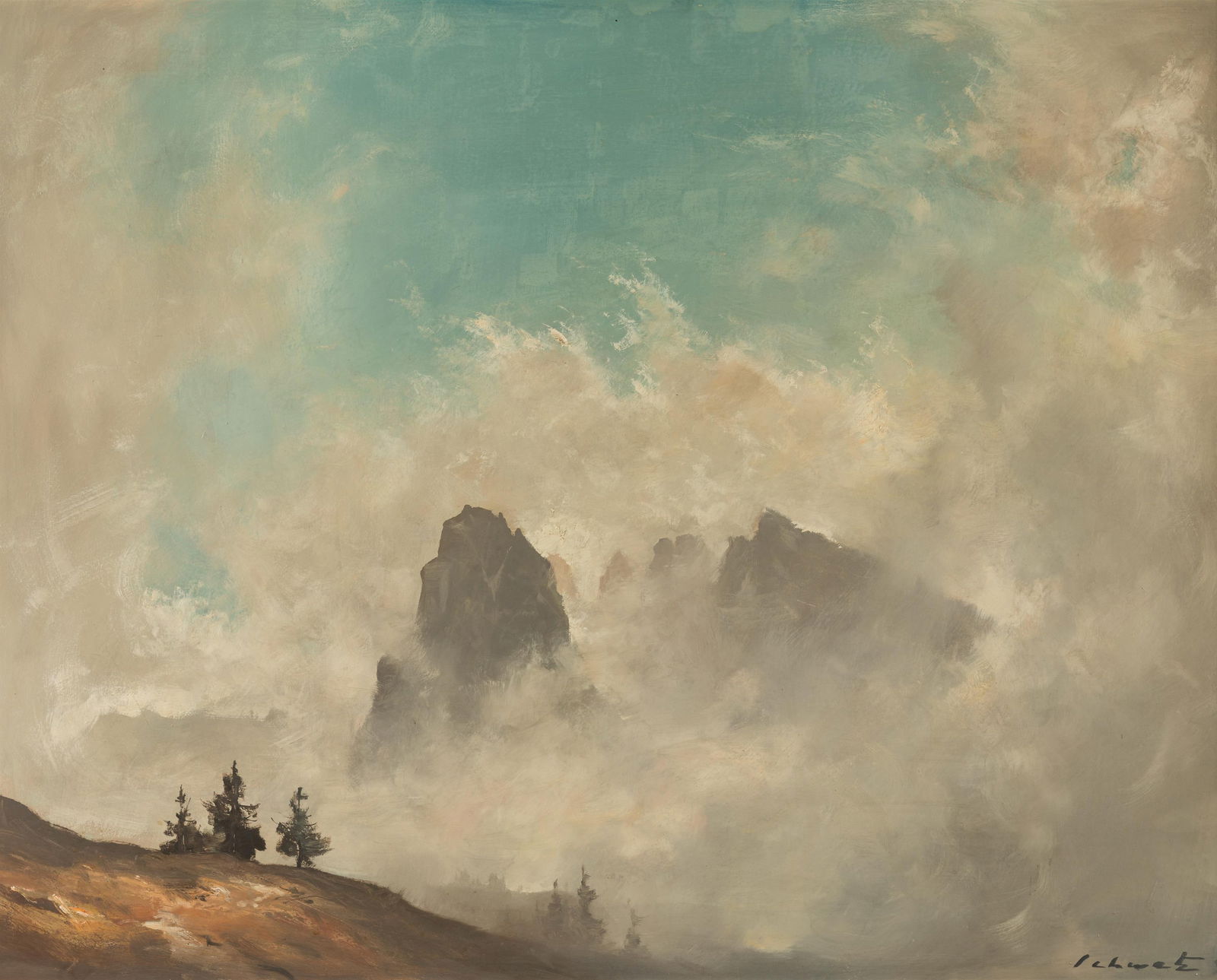 Franz Schwetz: Gebirgslandschaft: Franz Schwetz Gebirgslandschaft Öl auf Platte; gerahmt 78 x 98 cm (Rahmenausschnitt) Signiert rechts unten: Schwetz österreichischer Privatbesitz Franz Schwetz Mountain landscape oil on