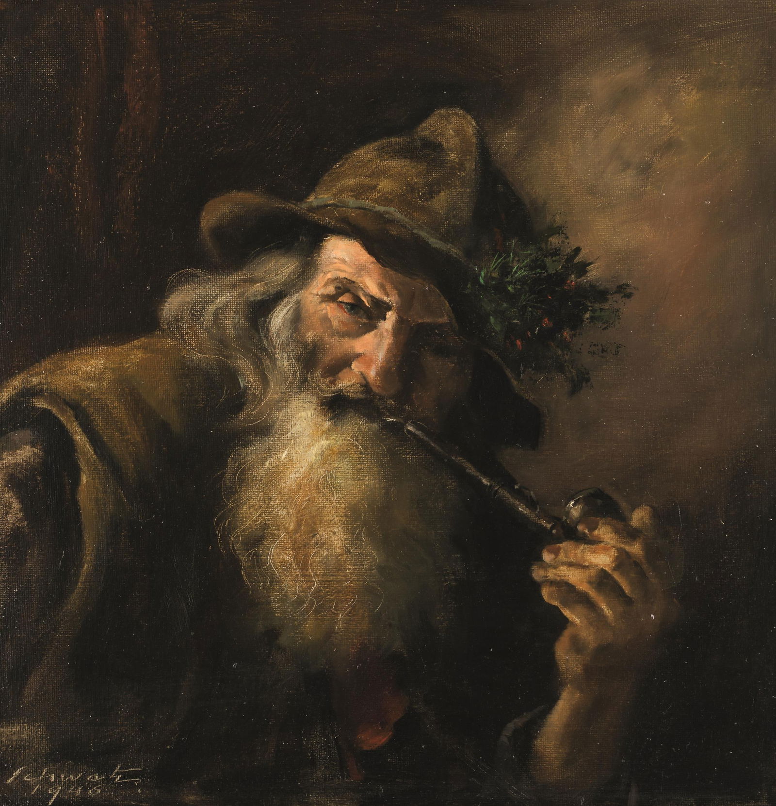 Franz Schwetz: Männerporträt mit Pfeife: Franz Schwetz Männerporträt mit Pfeife 1946 Öl auf Platte; gerahmt 48,5 x 48,5 cm (Rahmenausschnitt) Signiert und datiert links unten: Schwetz / 1946 österreichischer Privatbesitz