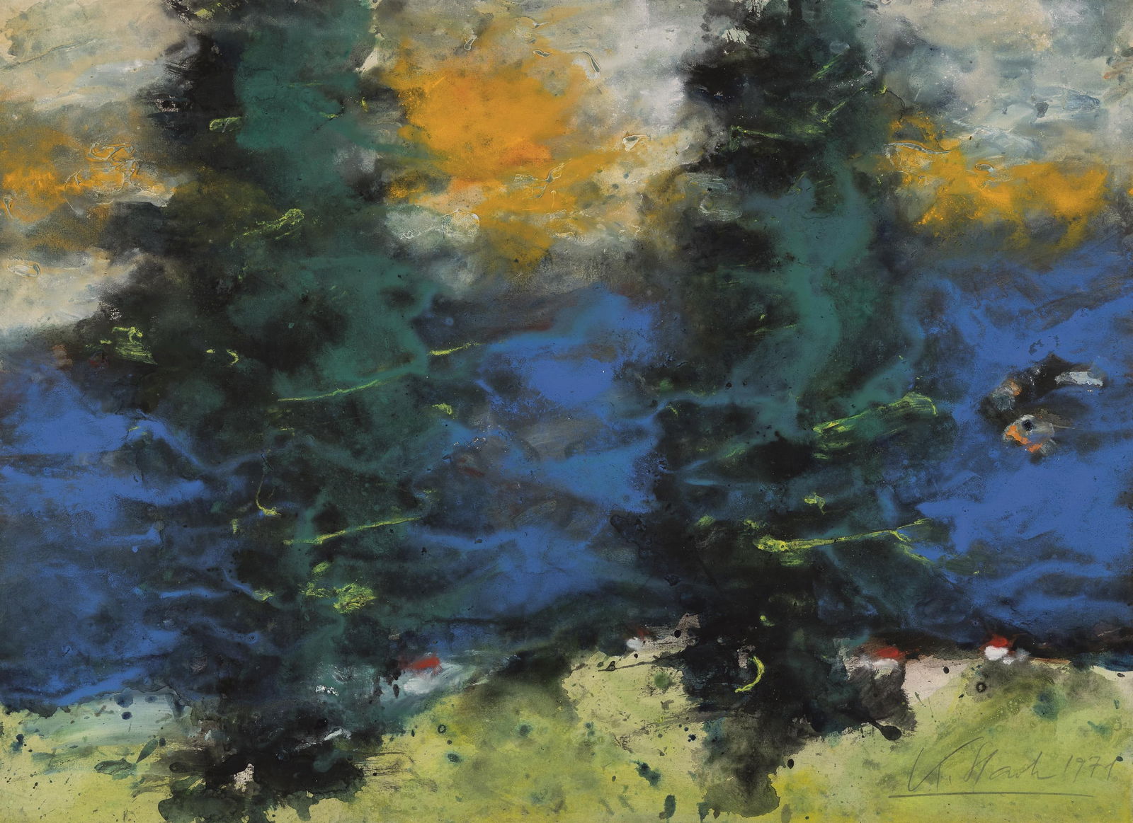 Karl Stark: Landschaft mit zwei Bäumen: Karl Stark Landschaft mit zwei Bäumen 1971 Mischtechnik auf Papier; ungerahmt 47,2 x 65 cm Signiert und datiert rechts unten: K. Stark 1971 Privatbesitz, Wien Karl Stark Landscape with two trees