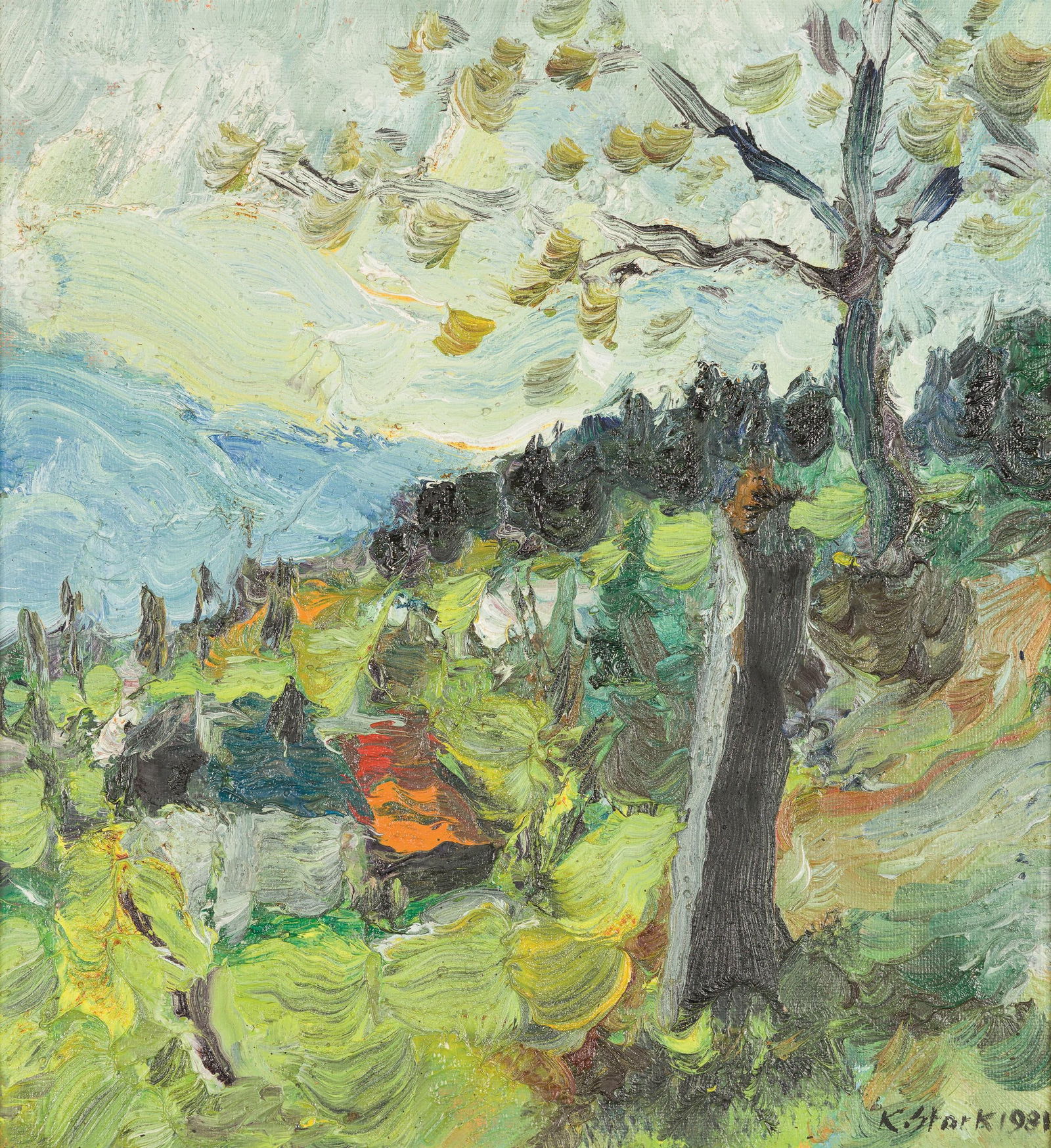 Karl Stark: Landschaft: Karl Stark Landschaft 1981 Öl auf Platte; gerahmt 45 x 41,5 cm Signiert und datiert rechts unten: K. Stark 1981 österreichischer Privatbesitz Karl Stark Landscape 1981 oil on panel; framed<b