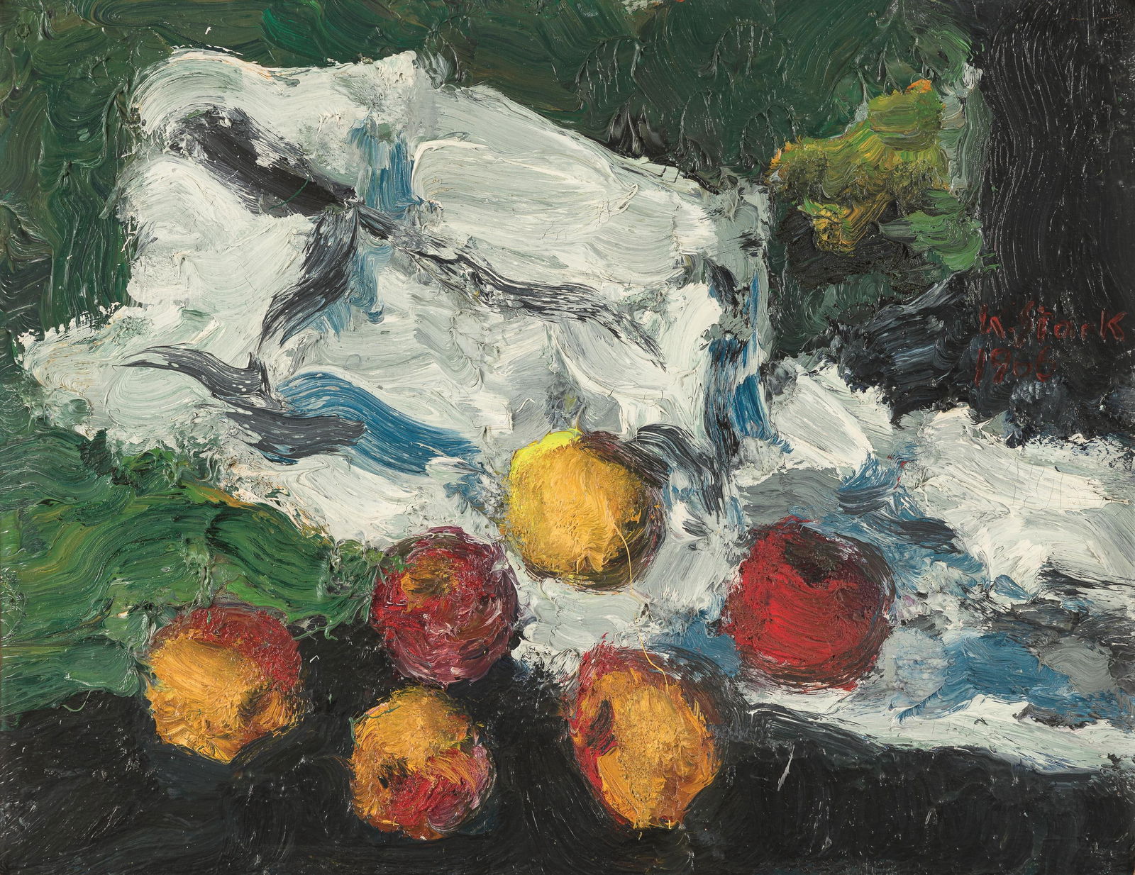 Karl Stark: Stillleben mit Äpfeln: Karl Stark Stillleben mit Äpfeln 1966 Öl auf Hartfaserplatte; gerahmt 49 x 63 cm Signiert und datiert an der rechten Seite: K. Stark / 1966 Privatbesitz, Wien Karl Stark Still life with appl