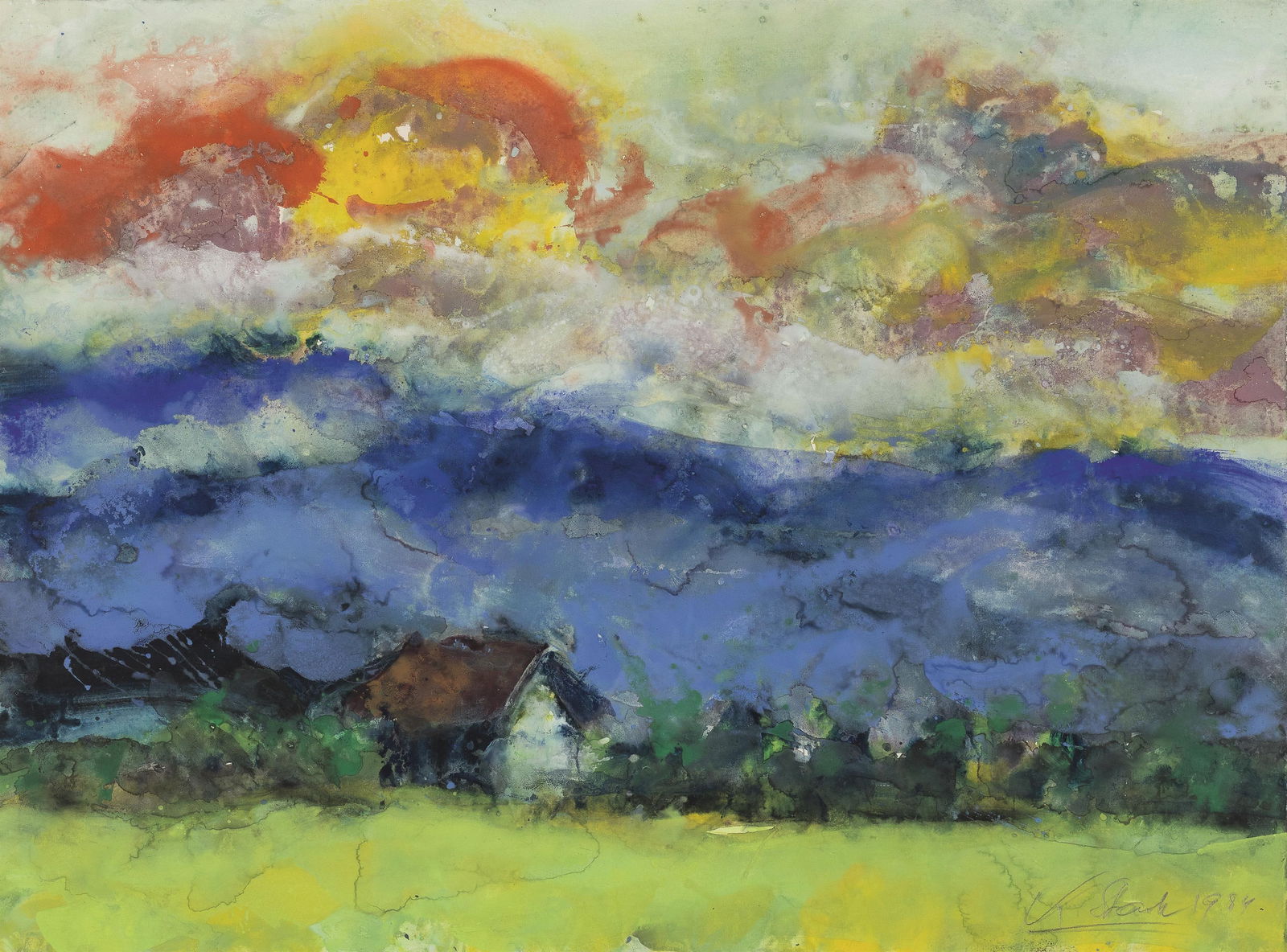 Karl Stark: Haus in Landschaft: Karl Stark Haus in Landschaft 1984 Aquarell auf Papier; gerahmt 47,5 x 64 cm Signiert und datiert rechts unten: K. Stark 1984. Privatbesitz, Steiermark Karl Stark House in the landscape 1984 watercolo