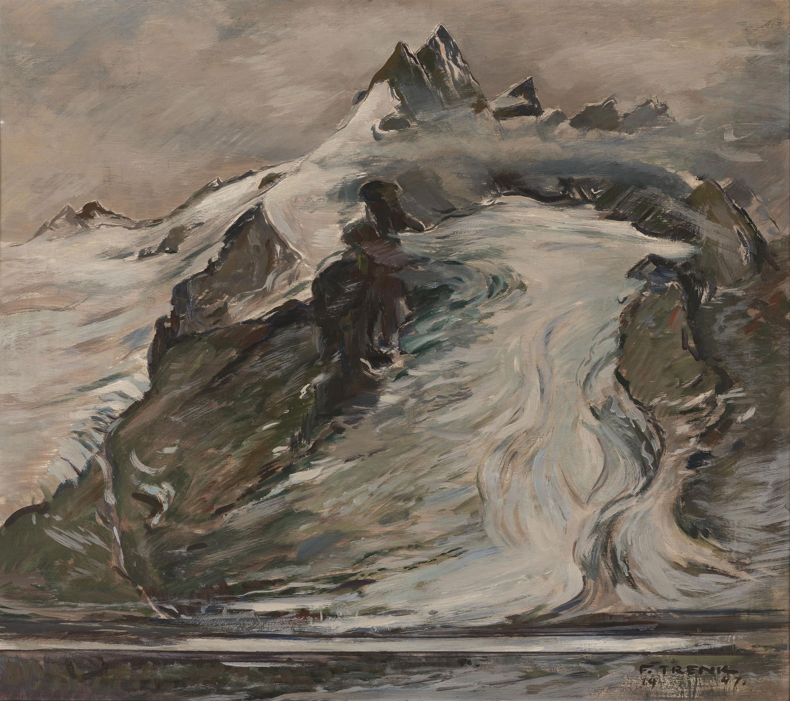Franz Trenk: Großglockner mit Pasterze: Franz Trenk Großglockner mit Pasterze 1947 Öl auf Karton; gerahmt 79 x 89 cm (Rahmenausschnitt) Signiert und datiert rechts unten: F. Trenk / 1947. Privatbesitz, Steiermark Franz Trenk Gross