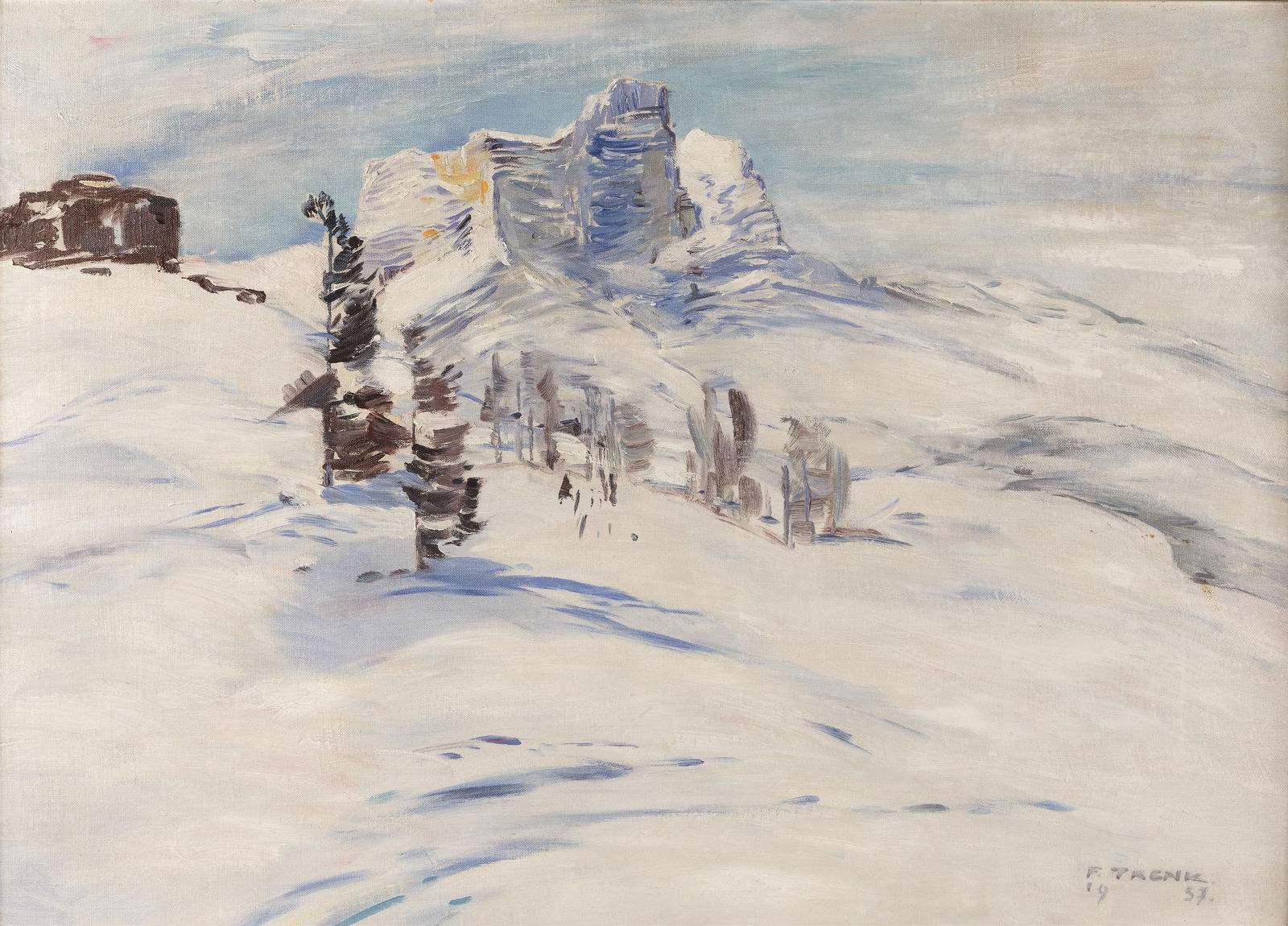 Franz Trenk: Falzarego Pass mit Blick zum Lagazuoi: Franz Trenk Falzarego Pass mit Blick zum Lagazuoi 1957 Öl auf Leinwand auf Karton; gerahmt 85 x 61 cm Signiert und datiert rechts unten: F. Trenk / 1957. Privatbesitz, Steiermark Franz Trenk Falz