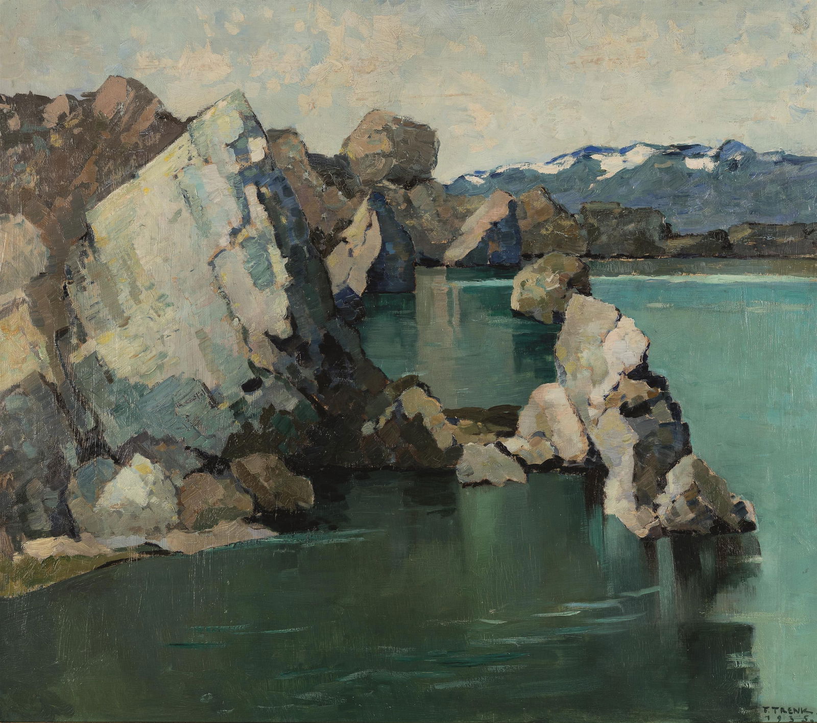 Franz Trenk: Laserz See in den Lienzer Dolomiten: Franz Trenk Laserz See in den Lienzer Dolomiten 1935 Öl auf Holz; gerahmt 81 x 92 cm Signiert und datiert rechts unten: F. Trenk. / 1935. Privatbesitz, Steiermark Franz Trenk Laserz Lake in