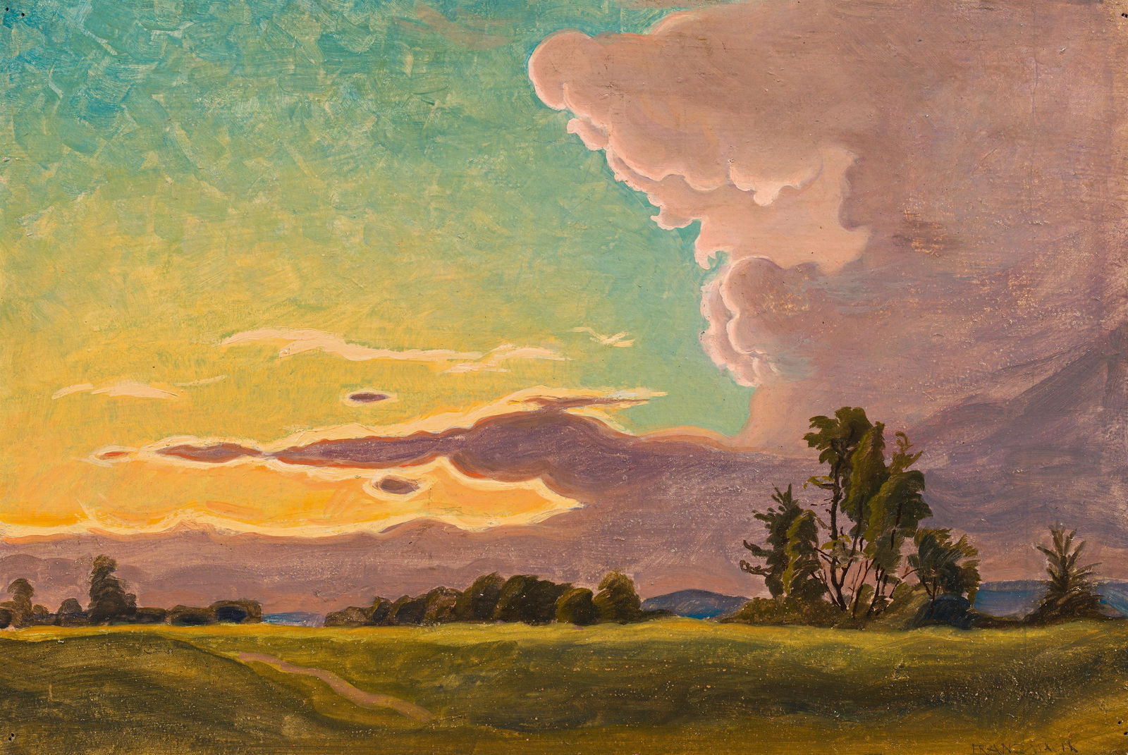 Franz Wacik: Abendliche Landschaft: Franz Wacik Abendliche Landschaft Öl auf Karton; gerahmt 34 x 50,5 cm Signiert rechts unten: Franz Wacik österreichischer Privatbesitz Franz Wacik Evening landscape oil on cardboard;