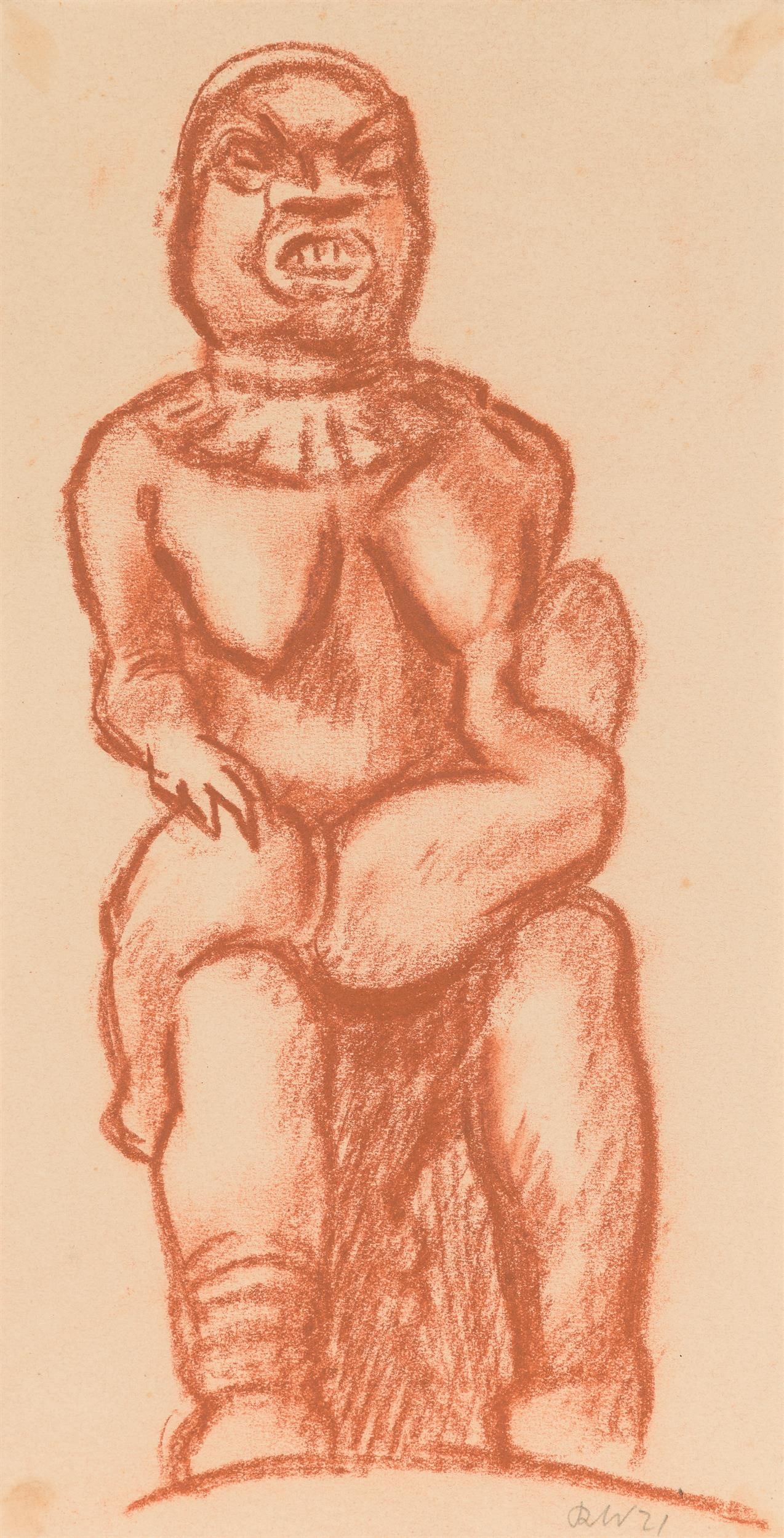 Rudolf Wacker: Figur aus Urua (Afrika): Rudolf Wacker Figur aus Urua (Afrika) 1921 Rötel auf Papier; gerahmt 28,5 x 14,5 cm Monogrammiert und datiert rechts unten: RW 21 Rückseitig auf Unterlagekarton eigenhändig bezeichnet: