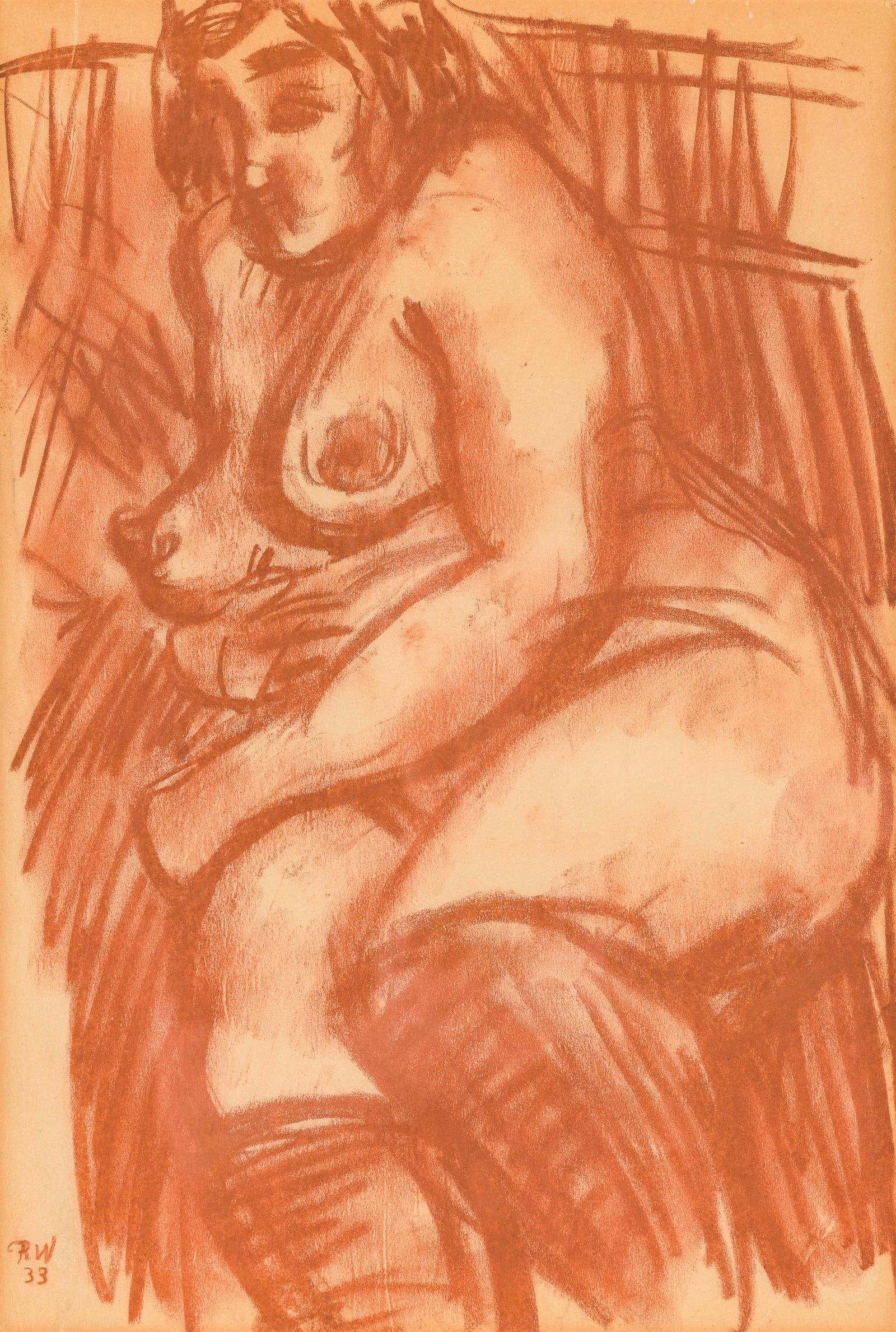 Rudolf Wacker: Weiblicher Akt: Rudolf Wacker Weiblicher Akt 1933 Rötel auf Papier; gerahmt 40,5 x 27,5 cm (Passep.-Ausschnitt) Monogrammiert und datiert links unten: RW / 33 Privatbesitz, Österreich Rudolf Wacker