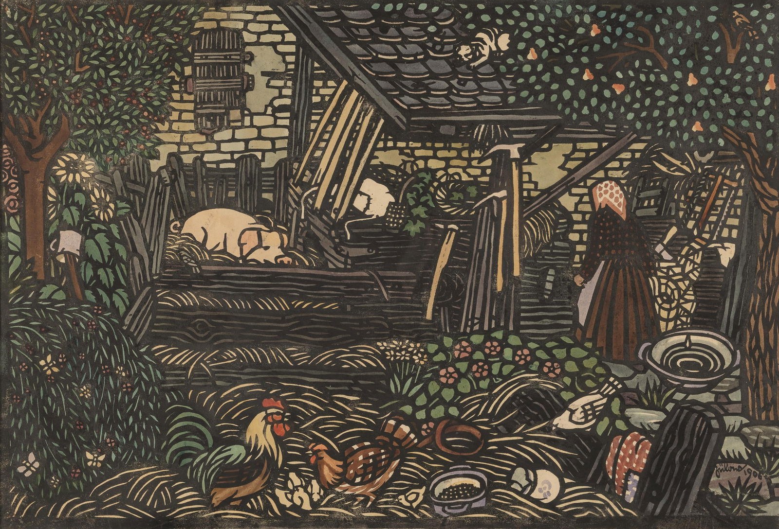 Franz von Zülow: Bauernhof: Franz von Zülow Bauernhof 1906 Papierschnitt, koloriert; gerahmt 44 x 64 cm (Rahmenausschnitt) Signiert und datiert rechts unten: Zülow 1906 österreichischer Privatbesitz Franz von