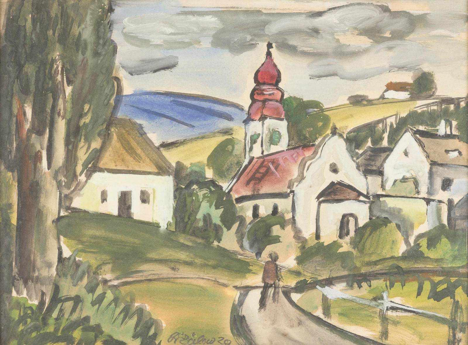 Franz von Zülow: Dorfansicht mit Kirche: Franz von Zülow Dorfansicht mit Kirche 1929 Aquarell, Gouache auf Papier; gerahmt 28,5 x 38 cm Signiert und datiert unten mittig: FvZülow 29 Privatbesitz, Österreich Franz von Zülo