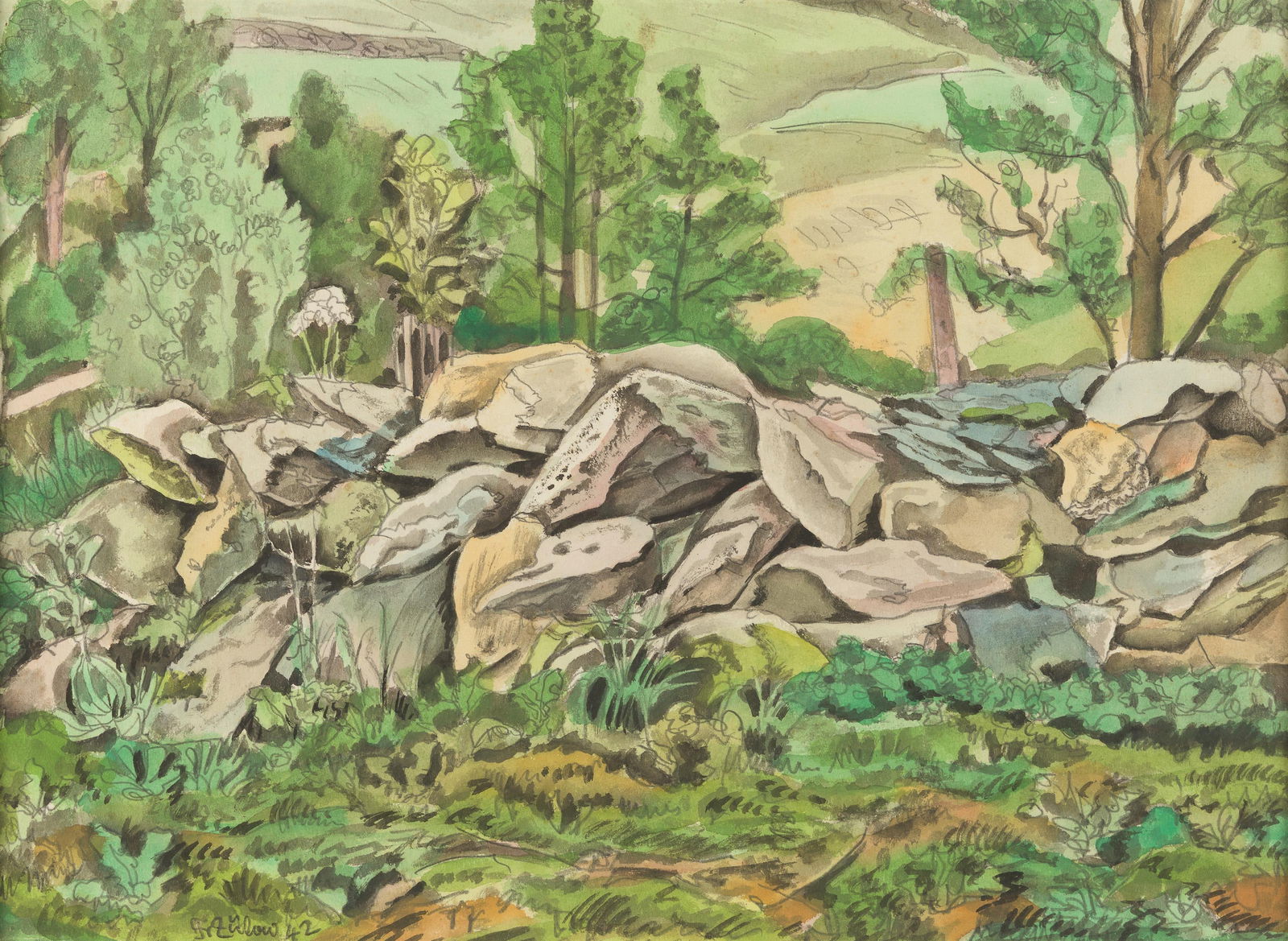 Franz von Zülow: Felsen: Franz von Zülow Felsen 1942 Aquarell auf Papier; gerahmt 30 x 41 cm (Passep.-Ausschnitt) Signiert und datiert links unten: FvZülow 42 Privatbesitz, Wien Franz von Zülow Rocks 1942