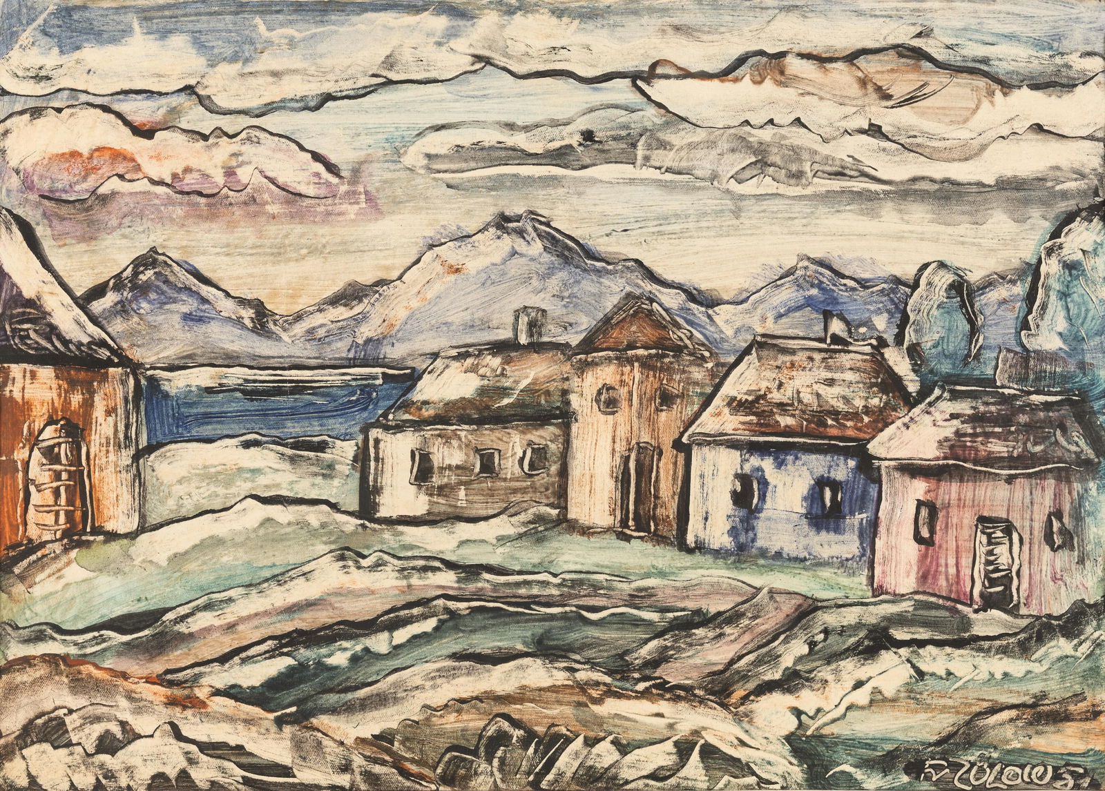 Franz von Zülow: Landschaft: Franz von Zülow Landschaft 1951 Kleistertechnik auf Papier; gerahmt 29,5 x 41,5 cm (Passep.-Ausschnitt) Signiert und datiert rechts unten: FvZülow 51 Privatbesitz, Österreich Franz von