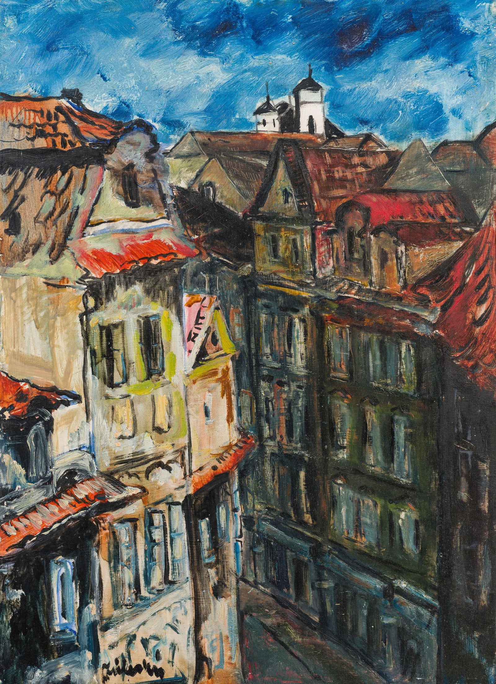 Vladimír Županský: Häuser: Vladimír Županský Häuser Öl auf Karton; gerahmt 59 x 44 cm Signiert links unten: Županský Rückseitig am Karton bezeichnet: Vlad Zupansky österreichischer