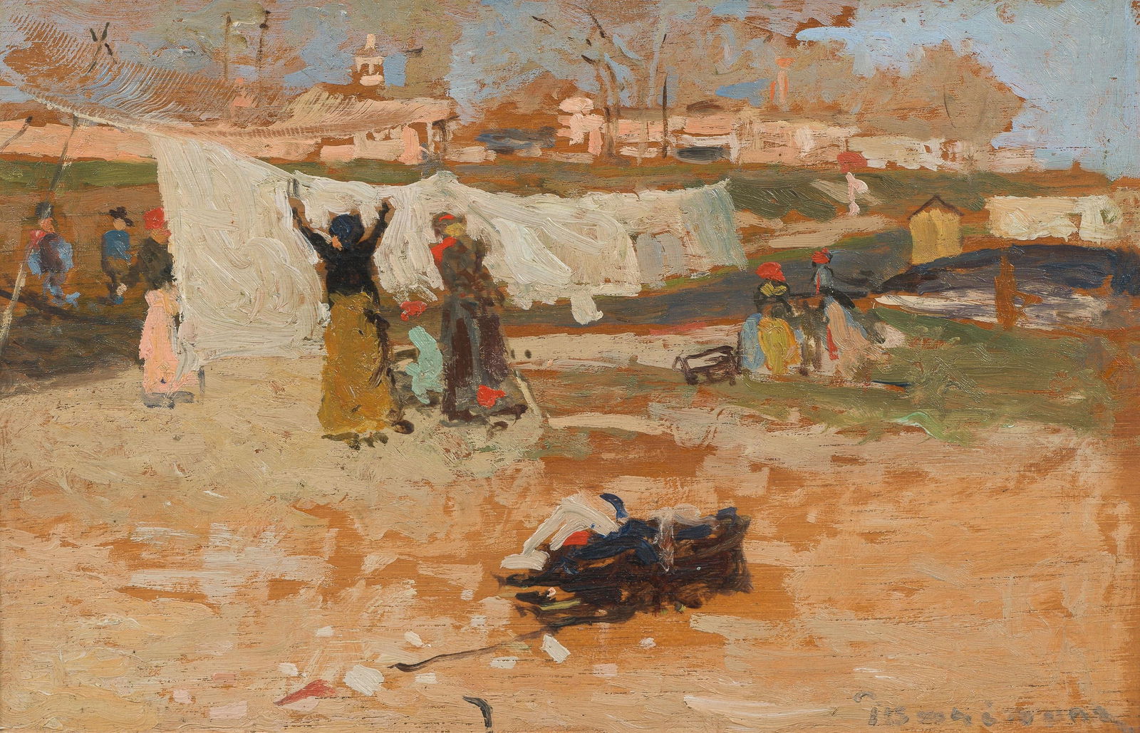 Künstler des 19./20. Jahrhunderts: Wäscherinnen: Künstler des 19./20. Jahrhunderts Wäscherinnen um 1900 Öl auf Holzplatte; gerahmt 12 x 18,3 cm (Rahmenausschnitt) Unleserlich signiert rechts unten Privatbesitz, Wien Artist of