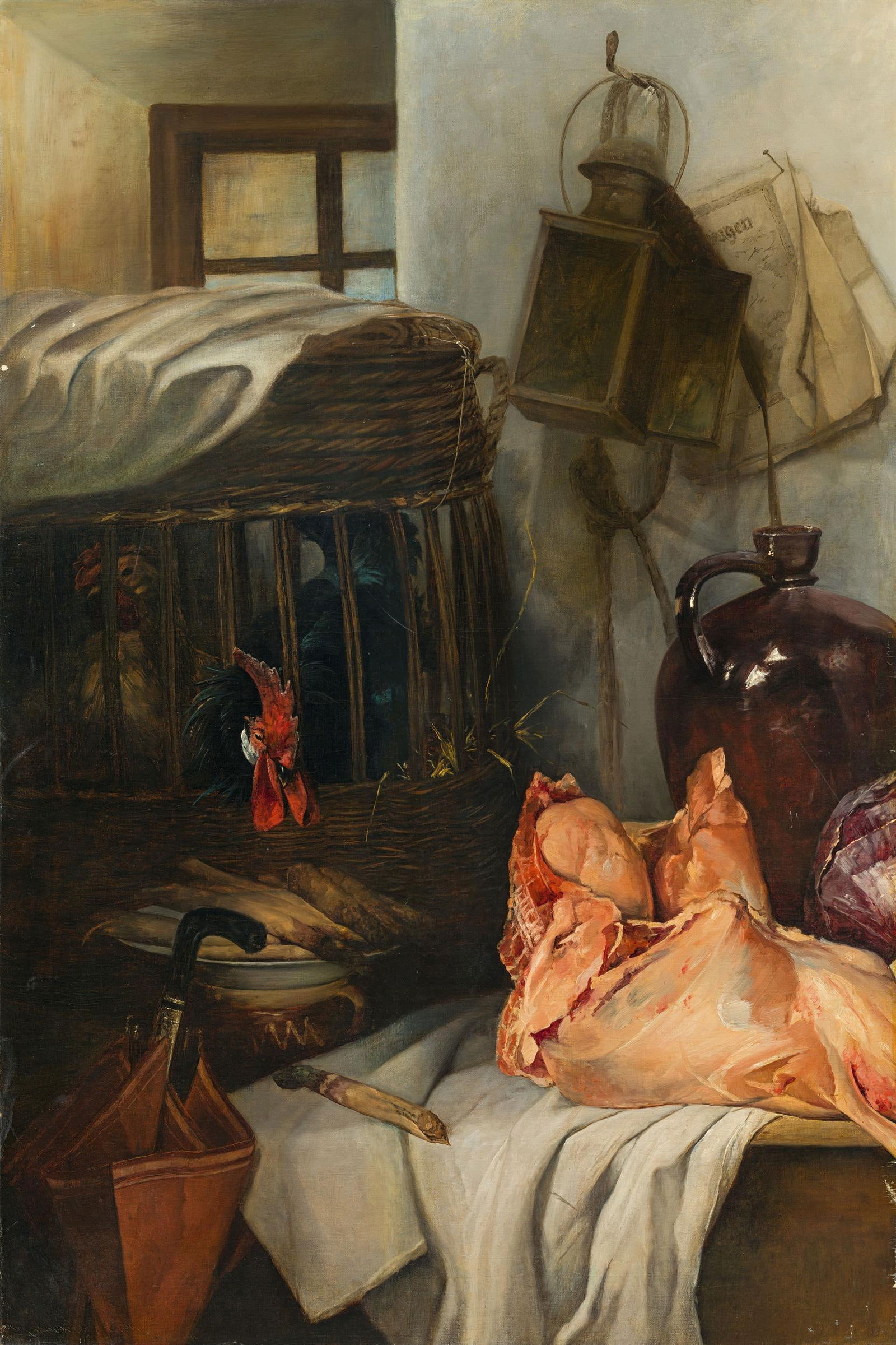 Unbekannter Künstler: Stillleben mit Schinken und Spargel: Unbekannter Künstler Stillleben mit Schinken und Spargel Öl auf Leinwand; ungerahmt 114 x 76,5 cm österreichischer Privatbesitz Unknown Artist Still life with ham and asparagus oil on c